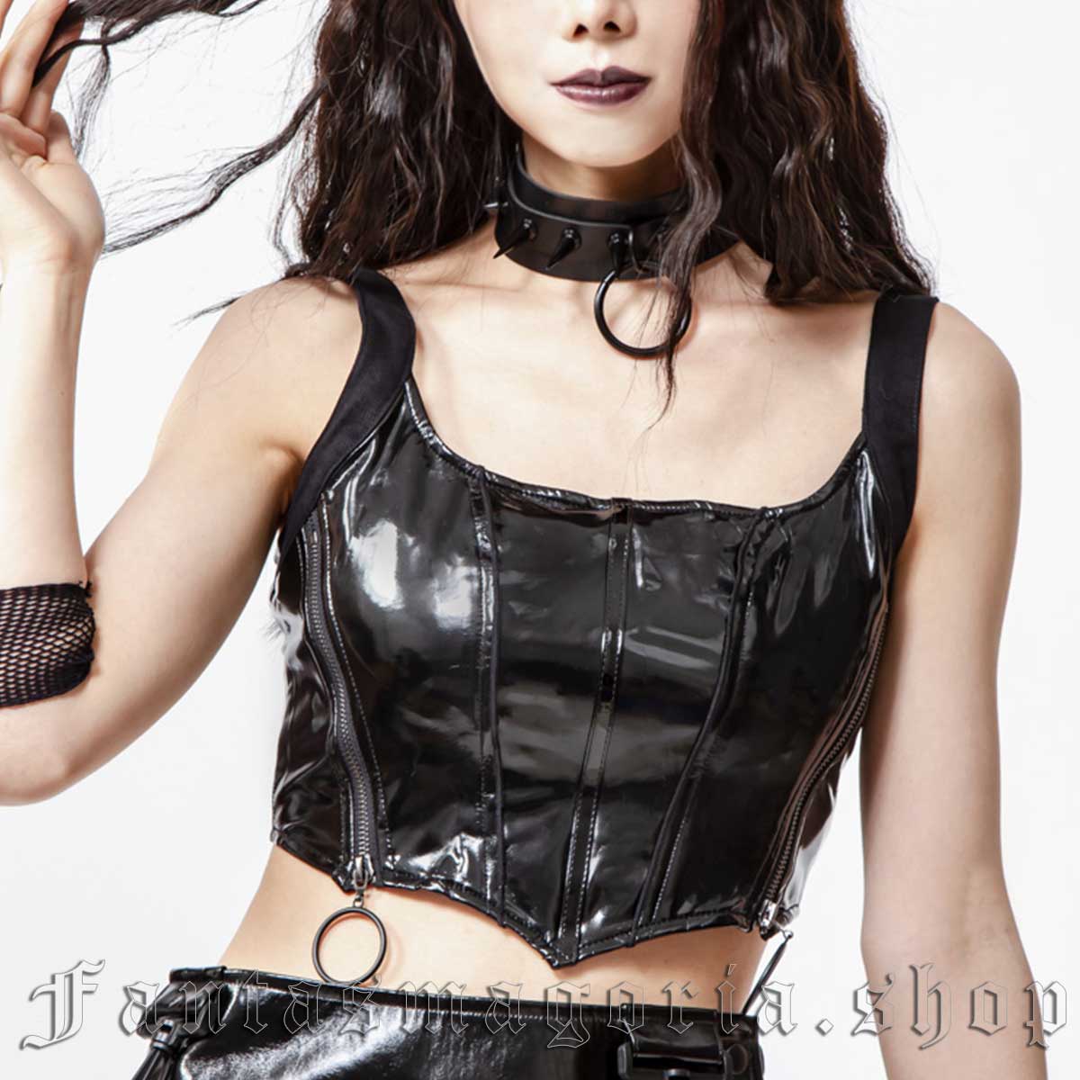 Women's Gothic black PVC sleeveless zip detail cropped top. - RNG - VE207B