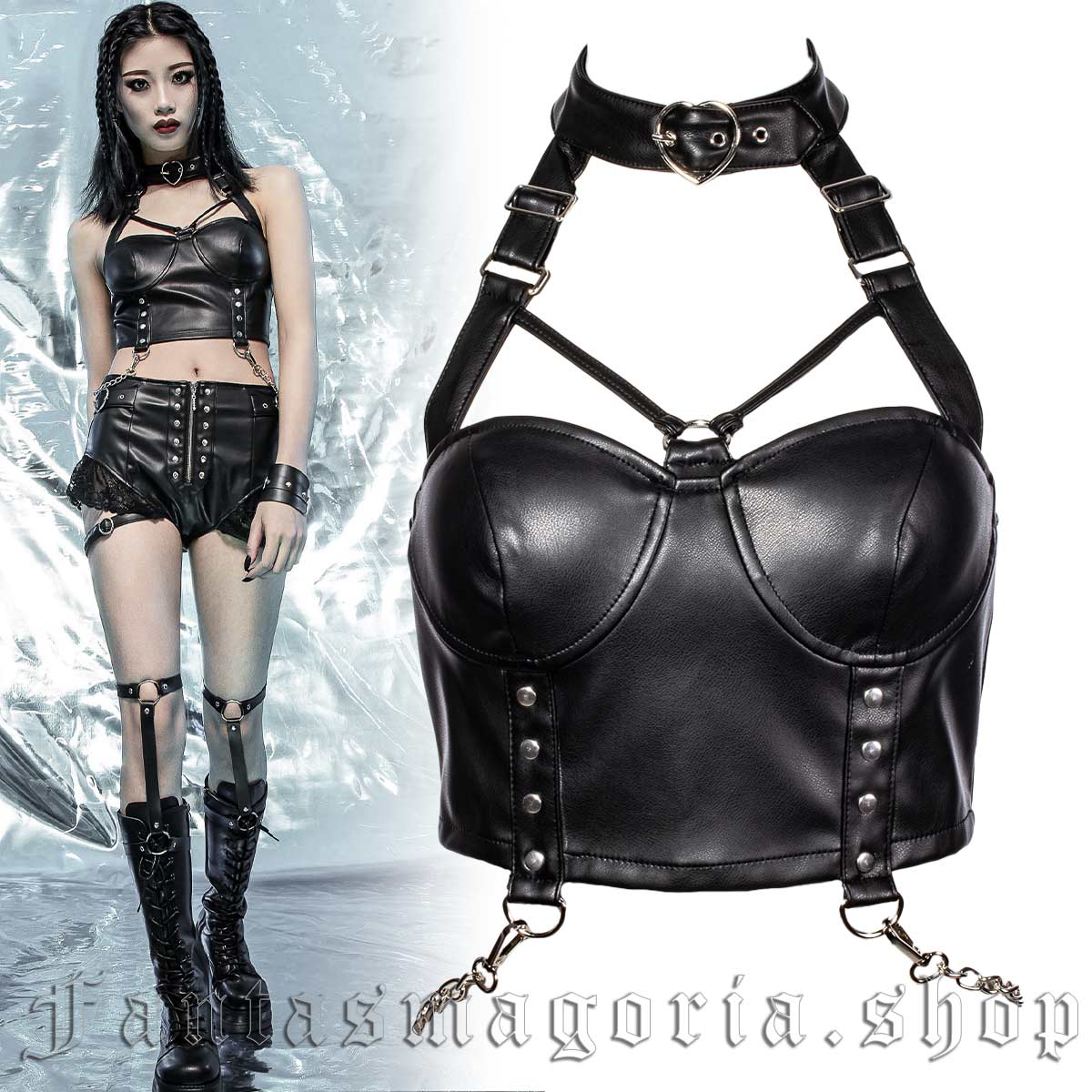 Woman's Gothic black faux leather strappy halter neckline chain detail cropped top. - RNG - SE012UP