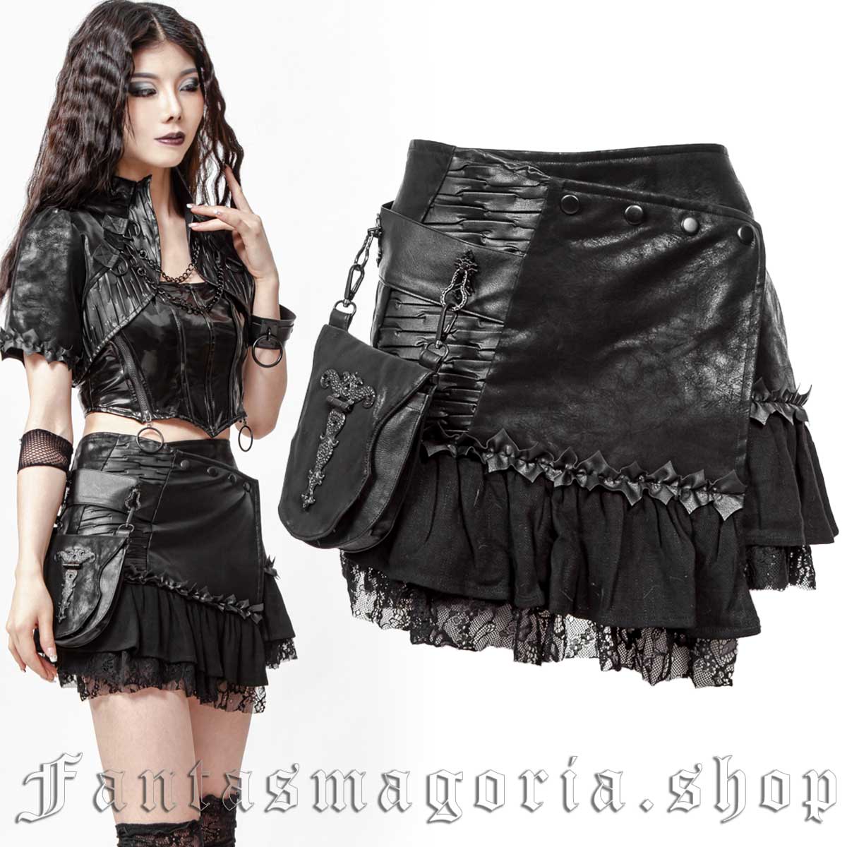Women's Gothic black faux leather asymmetric frill hem detail detachable pocket bag mini A-line skirt. - RNG - SK301BK