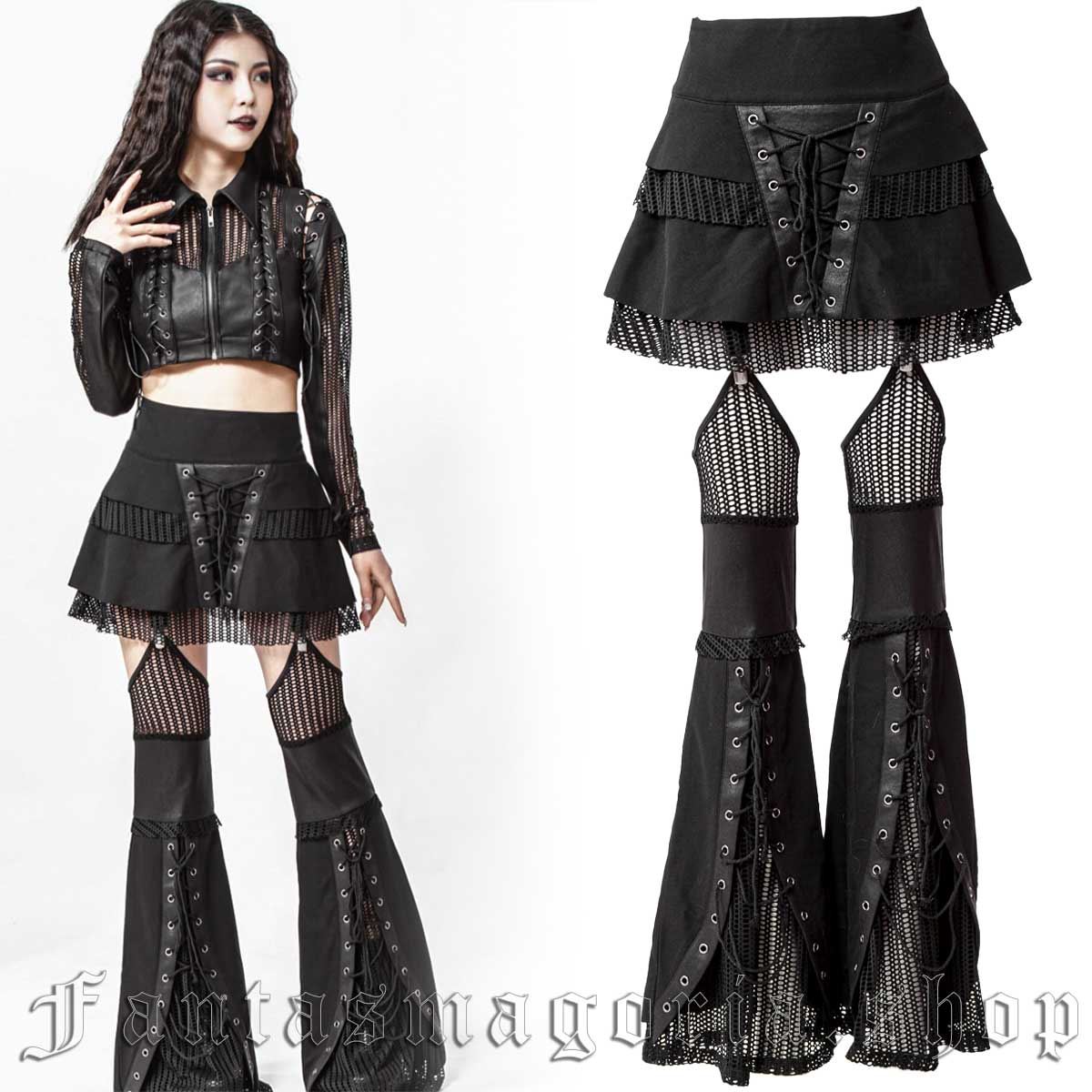 Women's Gothic black A-line mini skirt with legwarmers. - RNG - SK306BK