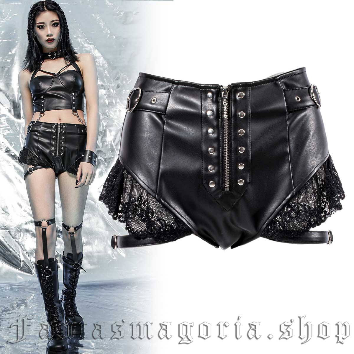 Women's Gothic faux leather strap detail frill trim hotpants shorts. - RNG - SE012DN