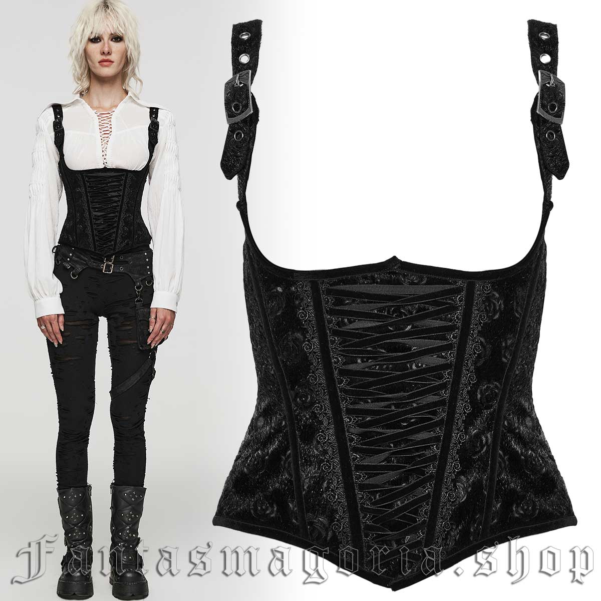 Black and Red Rose-Patterned Gothic Underbust Corset with Straps 