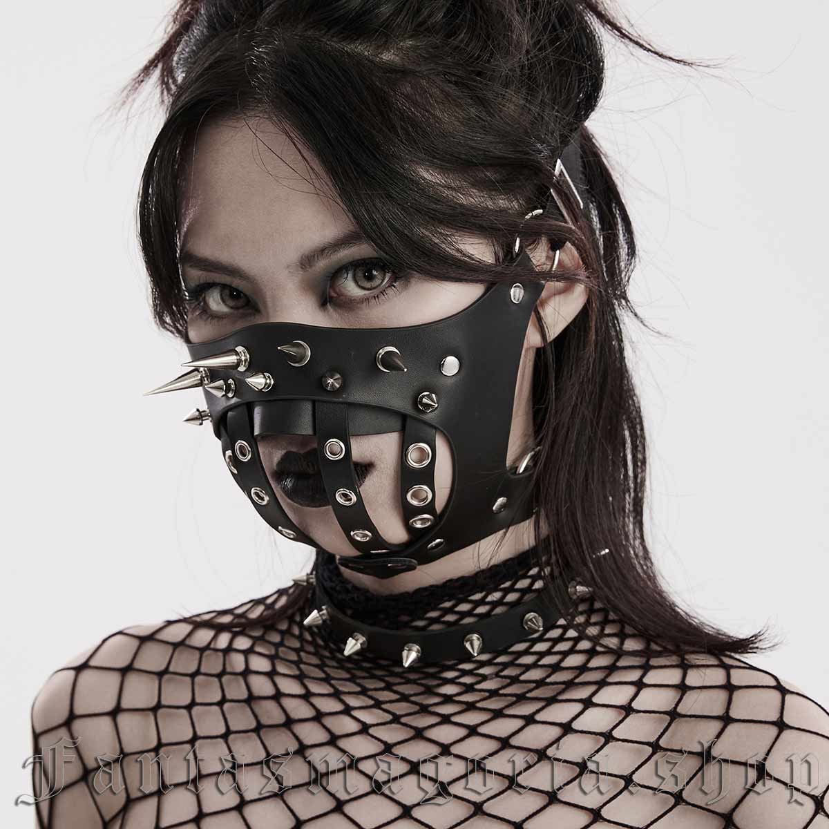 Gothic black faux leather spike studded strap front face mask. - Punk Rave - WS-590/BK