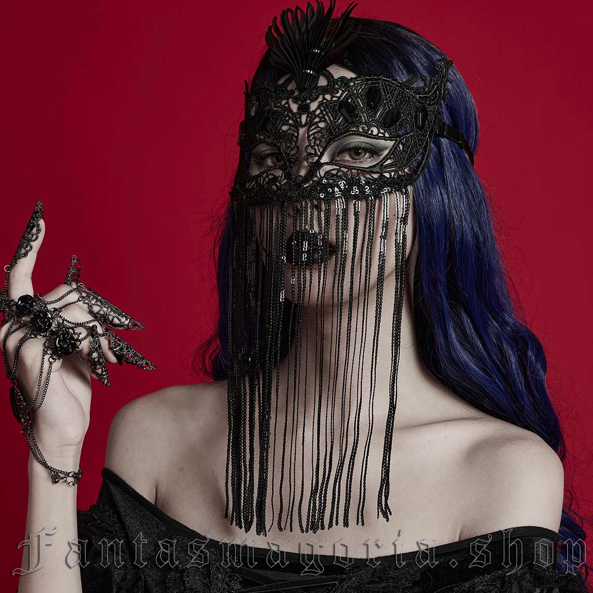 Women's Gothic black lace and sequin fringe carnival Colombina style eyemask. - Punk Rave - WS-593/BK