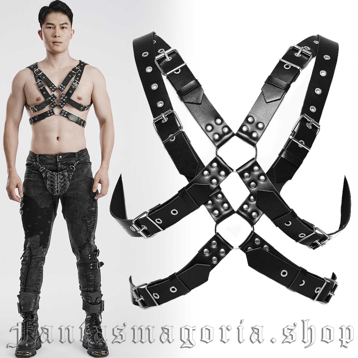 Men's Gothic black faux leather chest harness. - Punk Rave - WS-606/BK