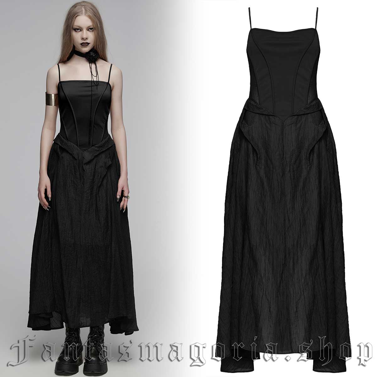 Gothic black sleeveless long pleat detail dress. - Punk Rave - OPQ-1432/BK