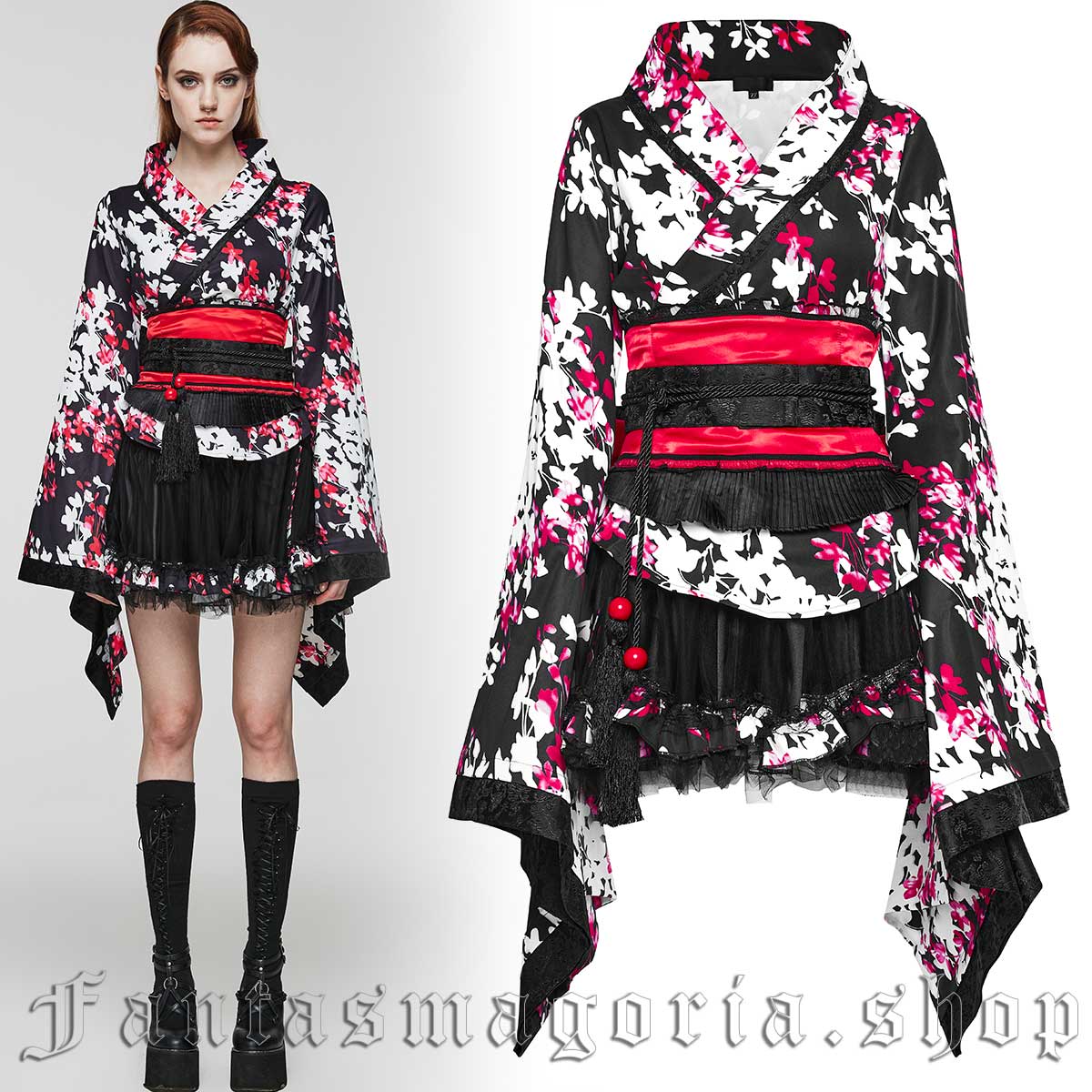Women's Gothic black white and red cherry blossom print kimono top skirt belt set. - Punk Rave - WLQ-001/BK-WH