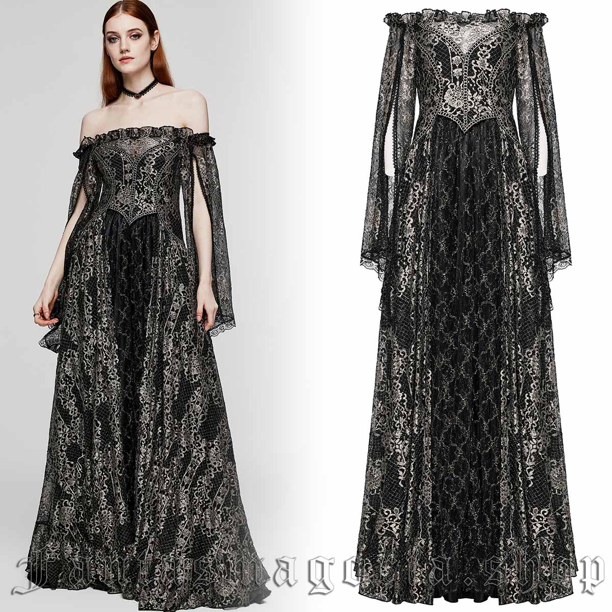 Gothic black and gold lace off-shoulder long-sleeve gown dress. - Punk Rave - WQ-620/BK-GD