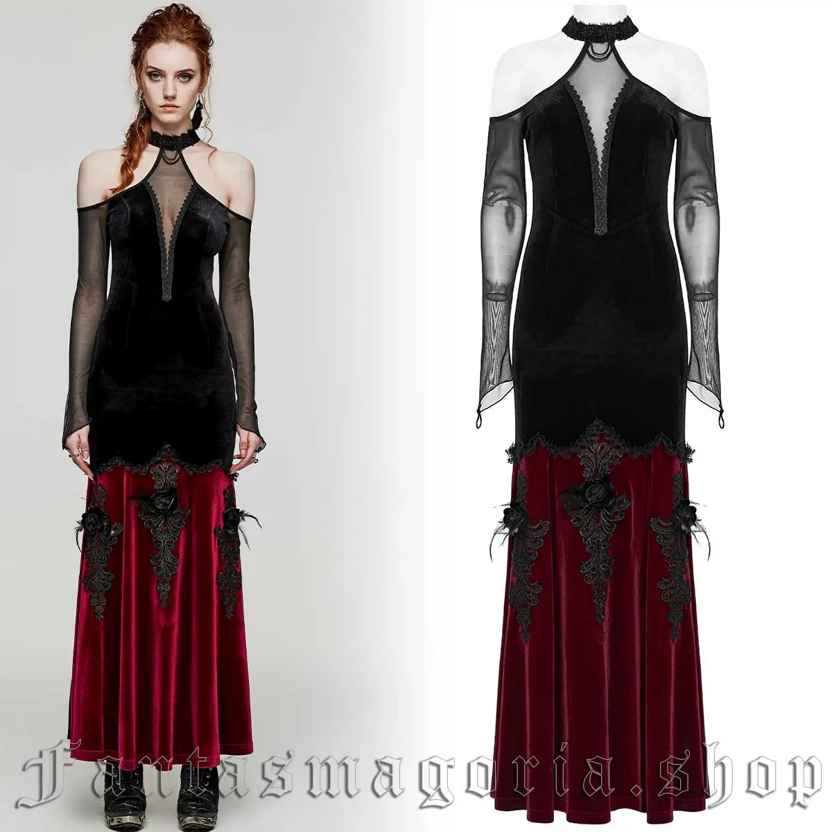 Gothic black and red velvet halterneck long mesh sleeve fit-and-flare long dress. - Punk Rave - WQ-658LQF/BK-RD