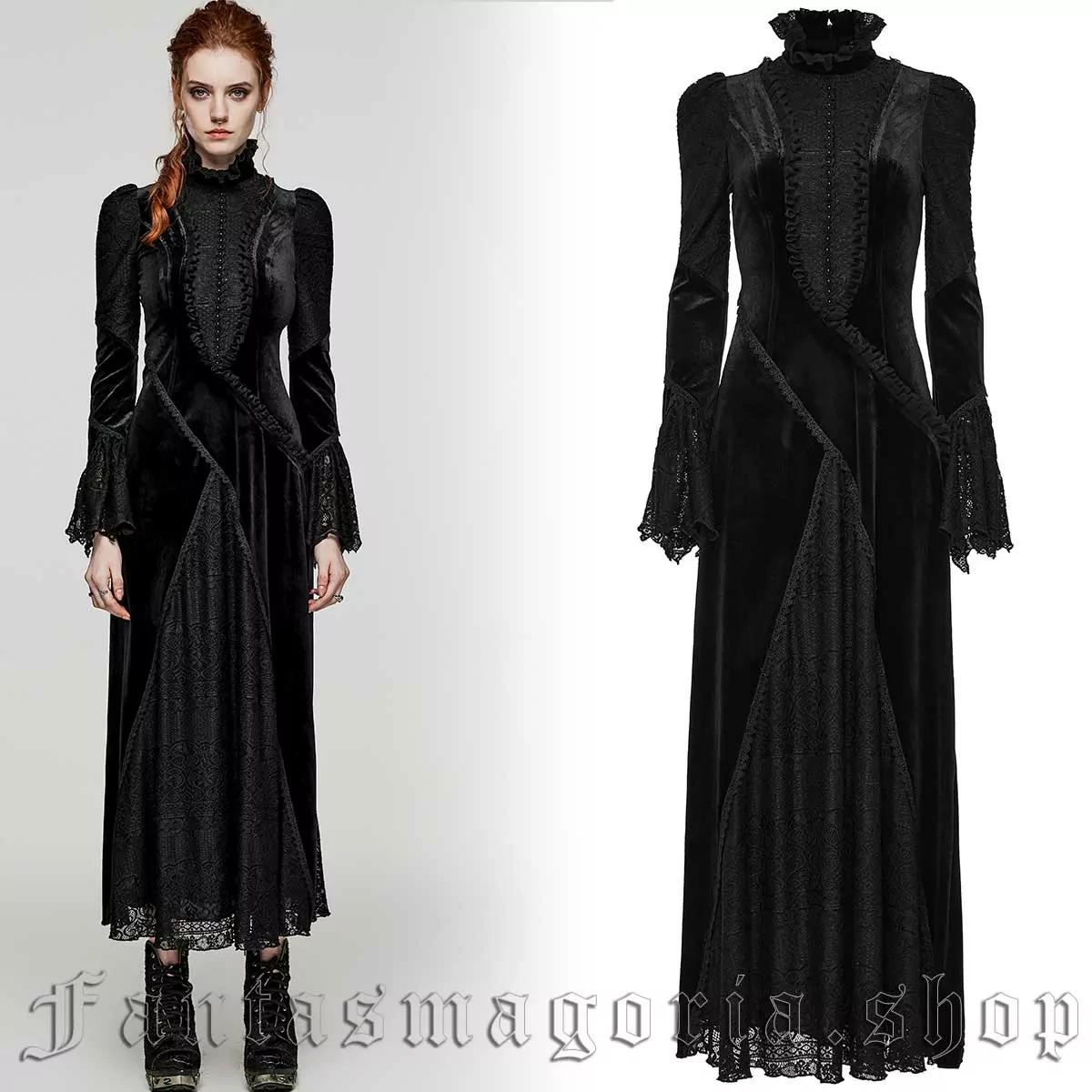 Gothic black velvet and lace long sleeve high neck long fitted dress. - Punk Rave - WQ-661/BK