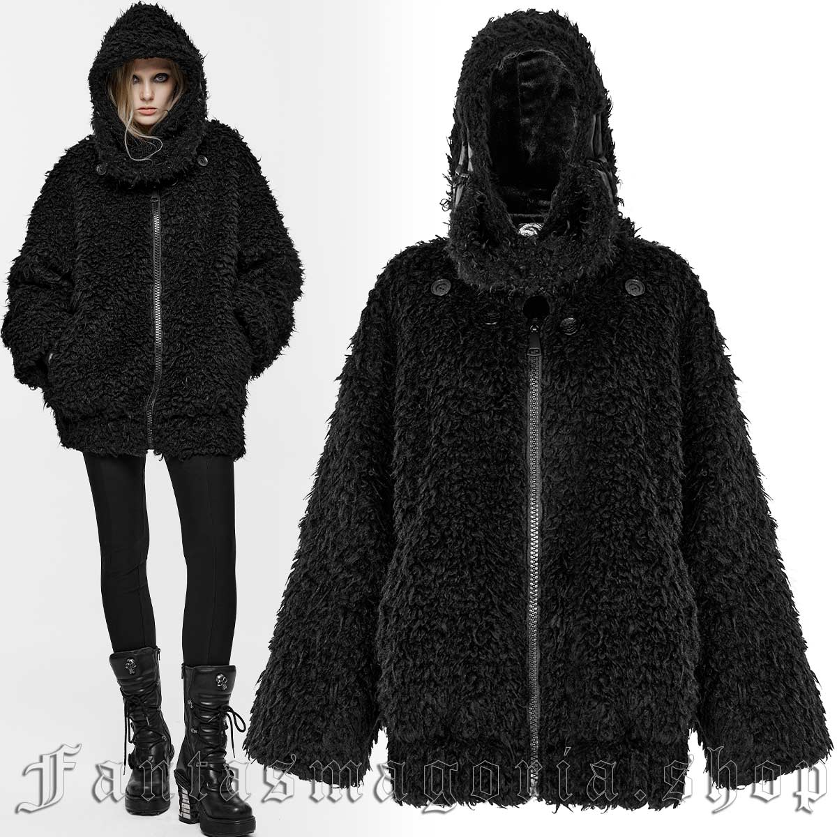 Women's faux fur black loose-fit zip-up jacket. - Punk Rave - OPY-708/BK