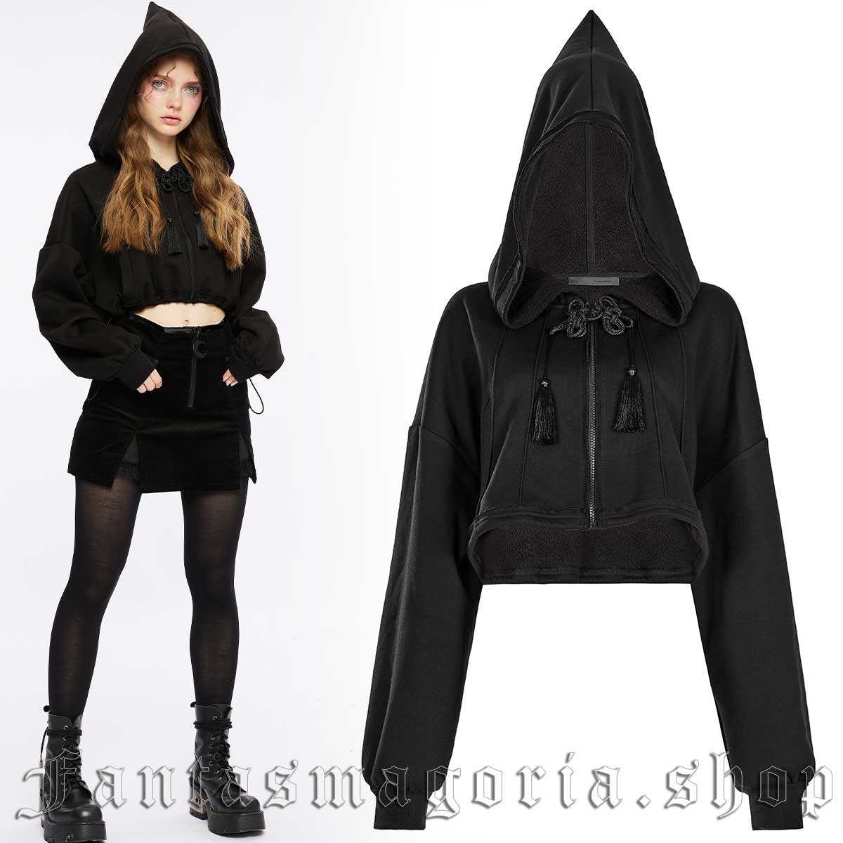 Women's Gothic black cropped long-sleeve pixie hood zip-up hoodie. - Punk Rave - OPY-709/BK