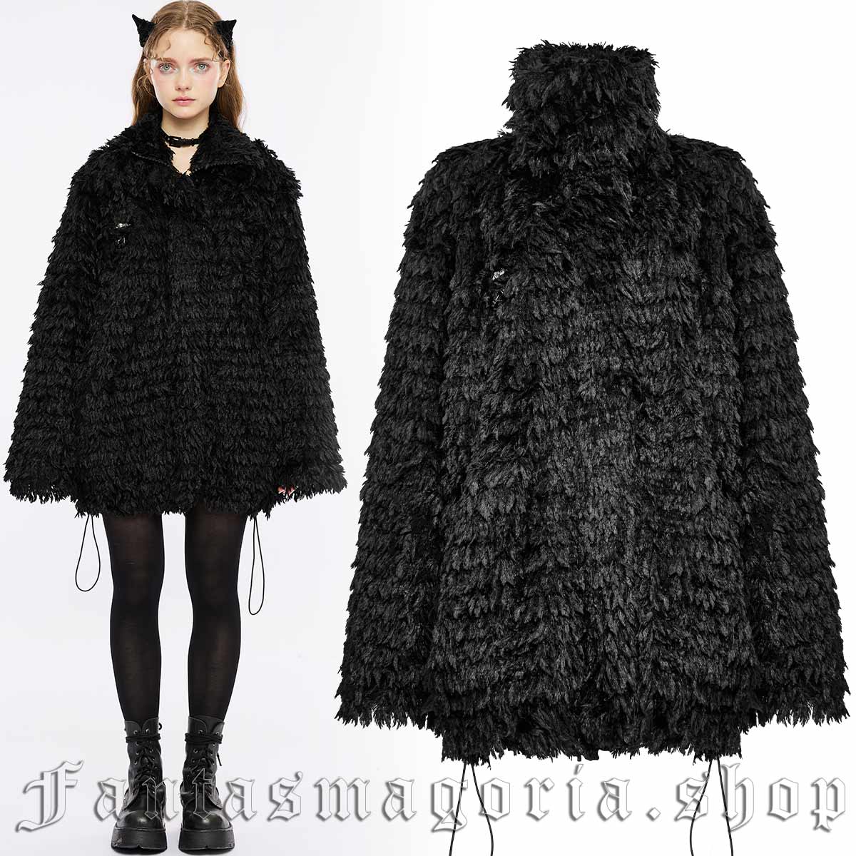 Women's Gothic black feather texture faux fur oversized loose fit high collar zip up jacket. - Punk Rave - OPY-720/BK