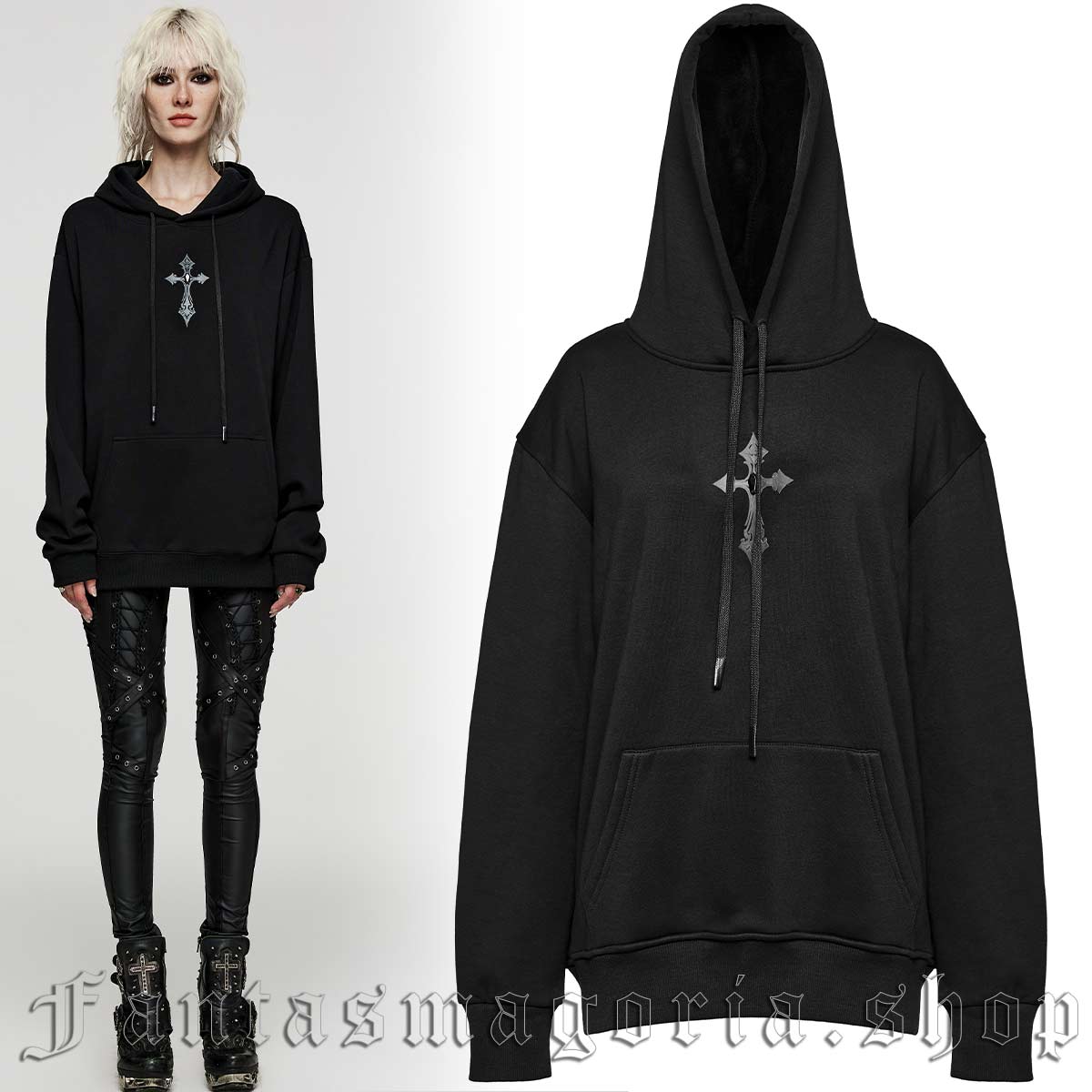 Women's Gothic black cross detail pullover hoodie. - Punk Rave - WT-839/BK