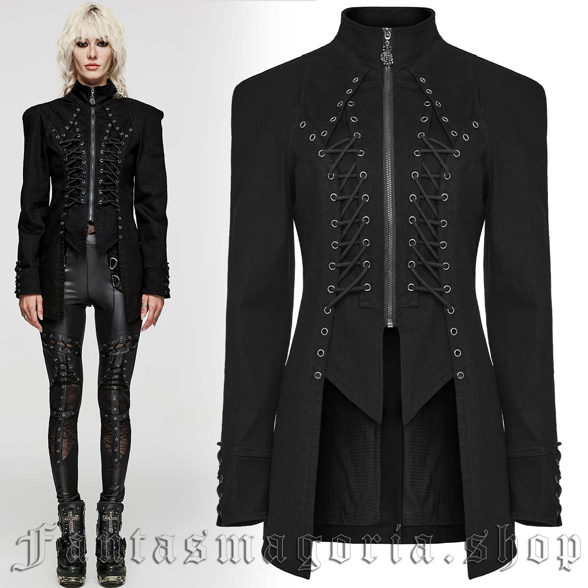 Women's Gothic black fitted short lace-up detailing zip-up jacket. - Punk Rave - WY-1520/BK