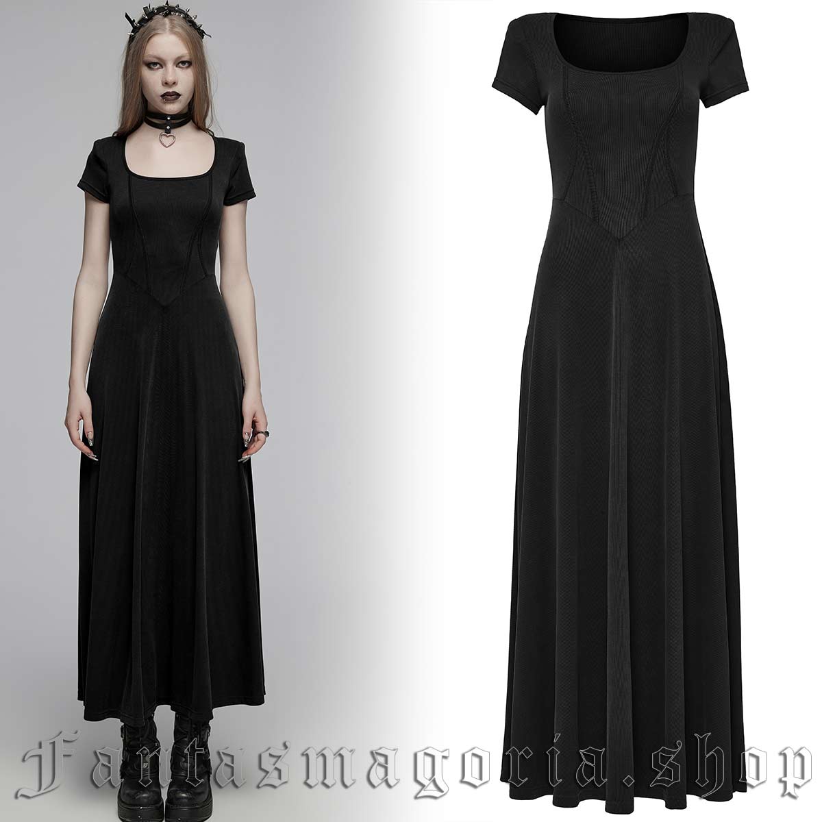 Black short sleeve square neckline long maxi dress. - Punk Rave - OPQ-1440/BK