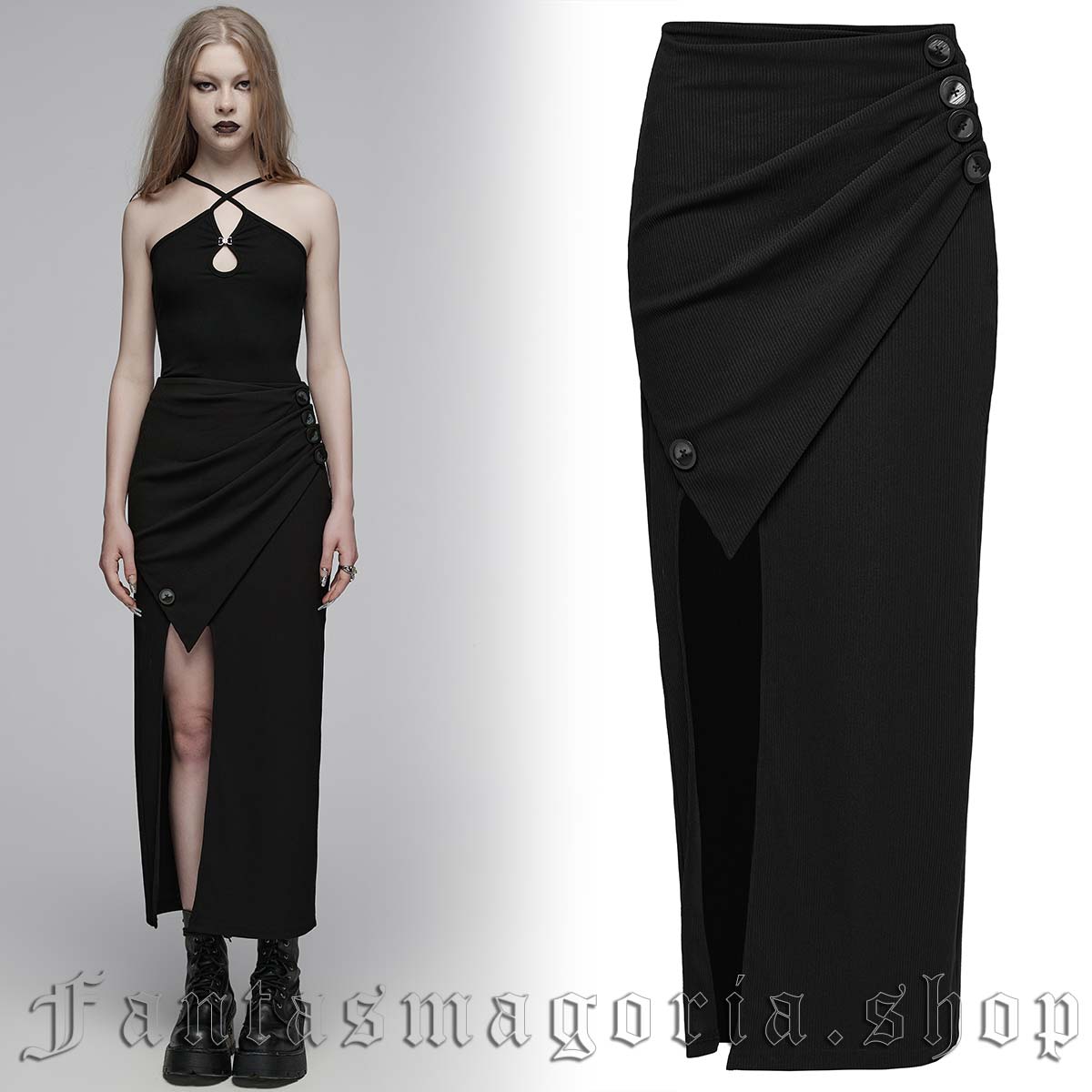 Women's Gothic casual asymmetric black long side slit pleated drape front skirt. - Punk Rave - OPQ-1442/BK