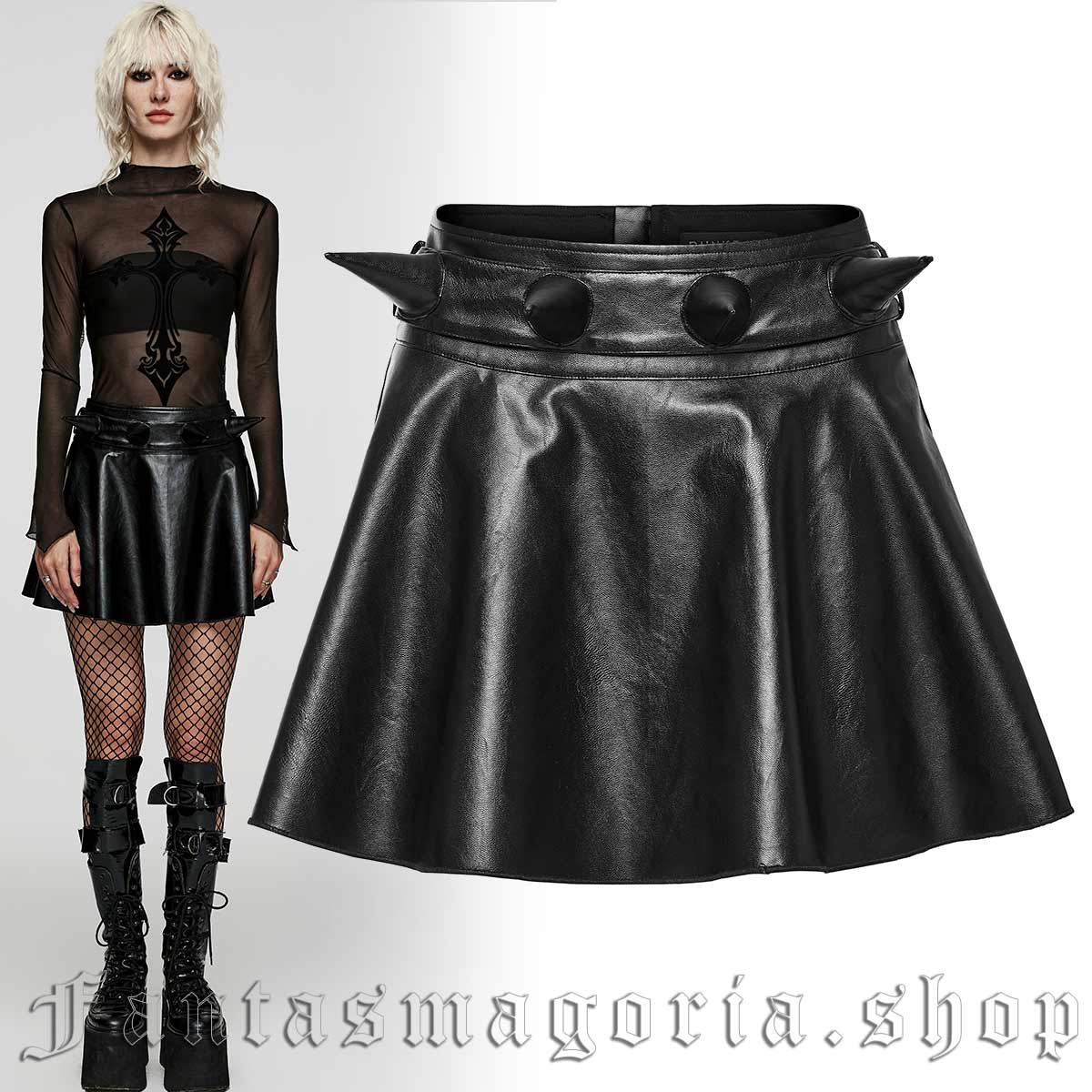 Women Black Leather Look Mini Skater Skirt / Ladies Black Faux
