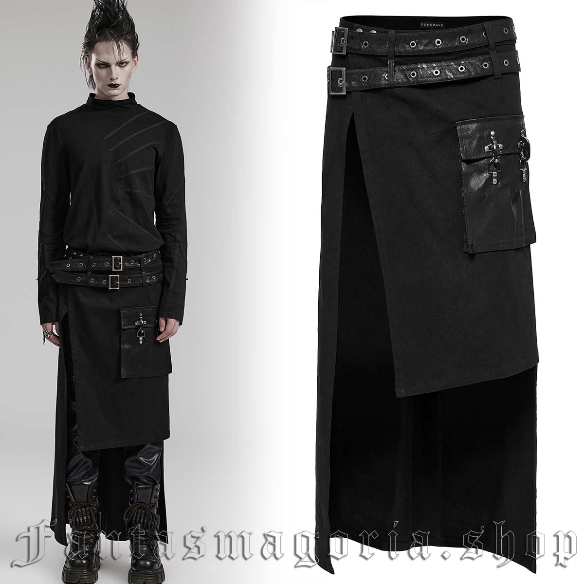 Men's Gothic black asymmetric long double belt side patch pocket long overskirt. - Punk Rave - WQ-677/BK