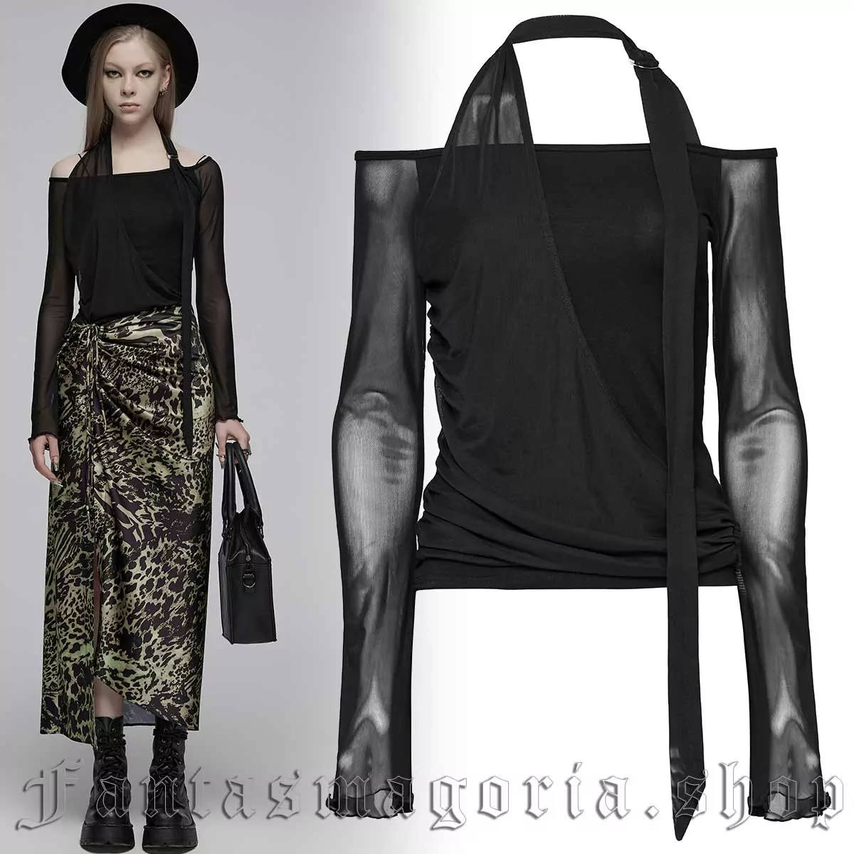 Women's Gothic black mesh and jersey long-sleeve draped halterneck top. - Punk Rave - OPT-883/BK
