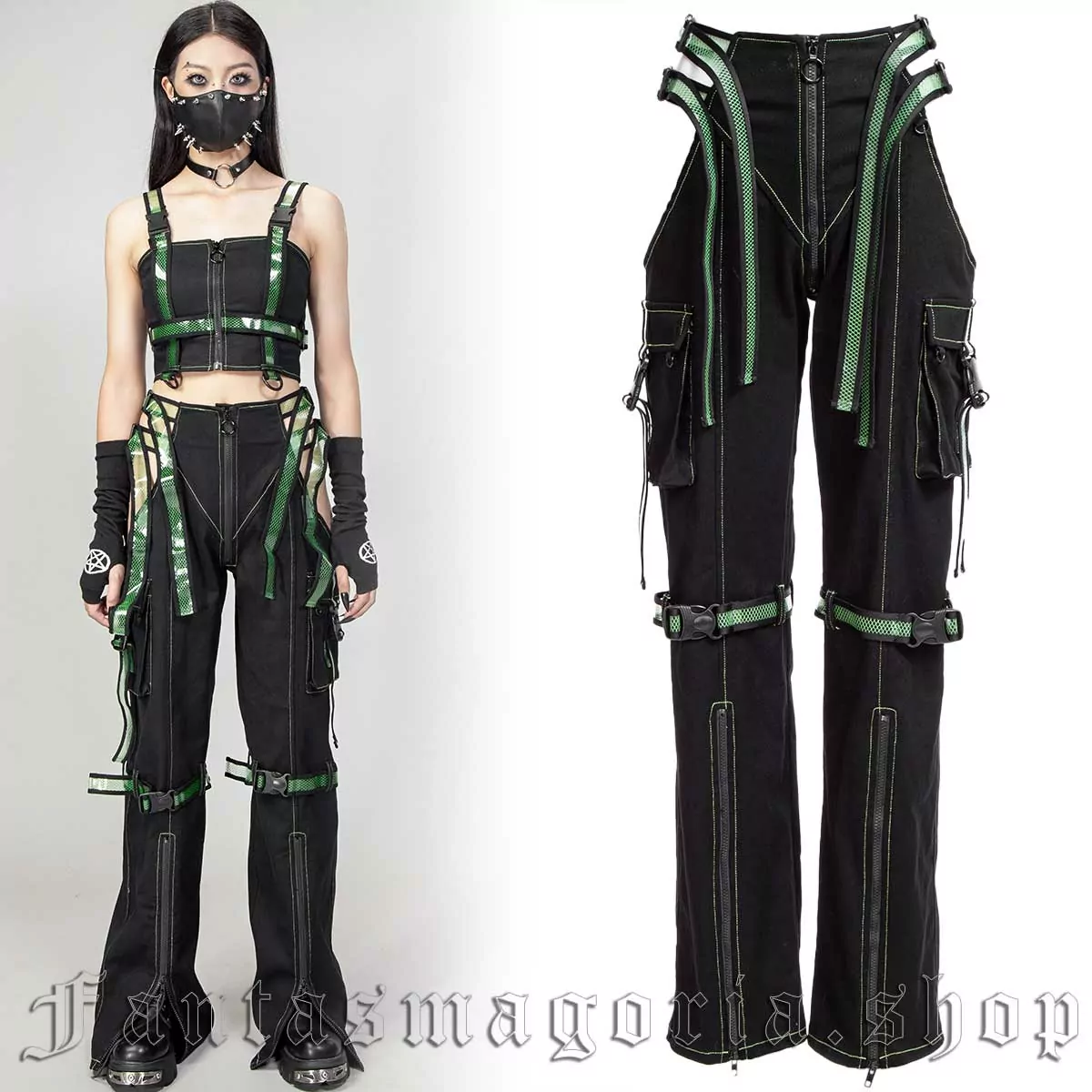 Women's techwear black side cutout green straps cargo style pants. - RNG - TR201G
