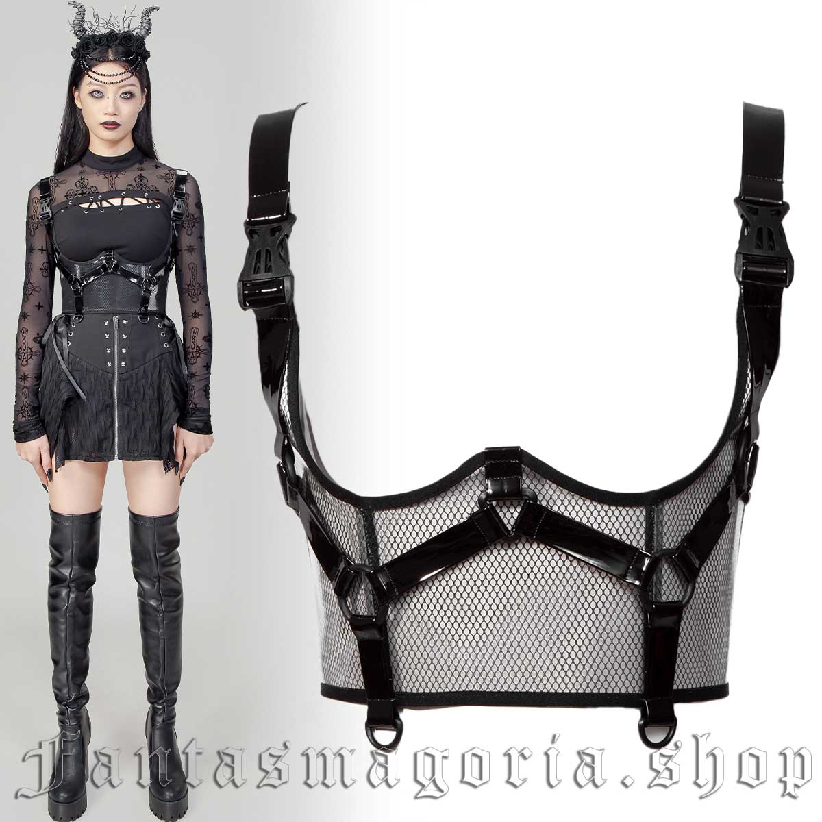 Women's cyberpunk black mesh underbust black straps detail vest harness. - RNG - VE202B
