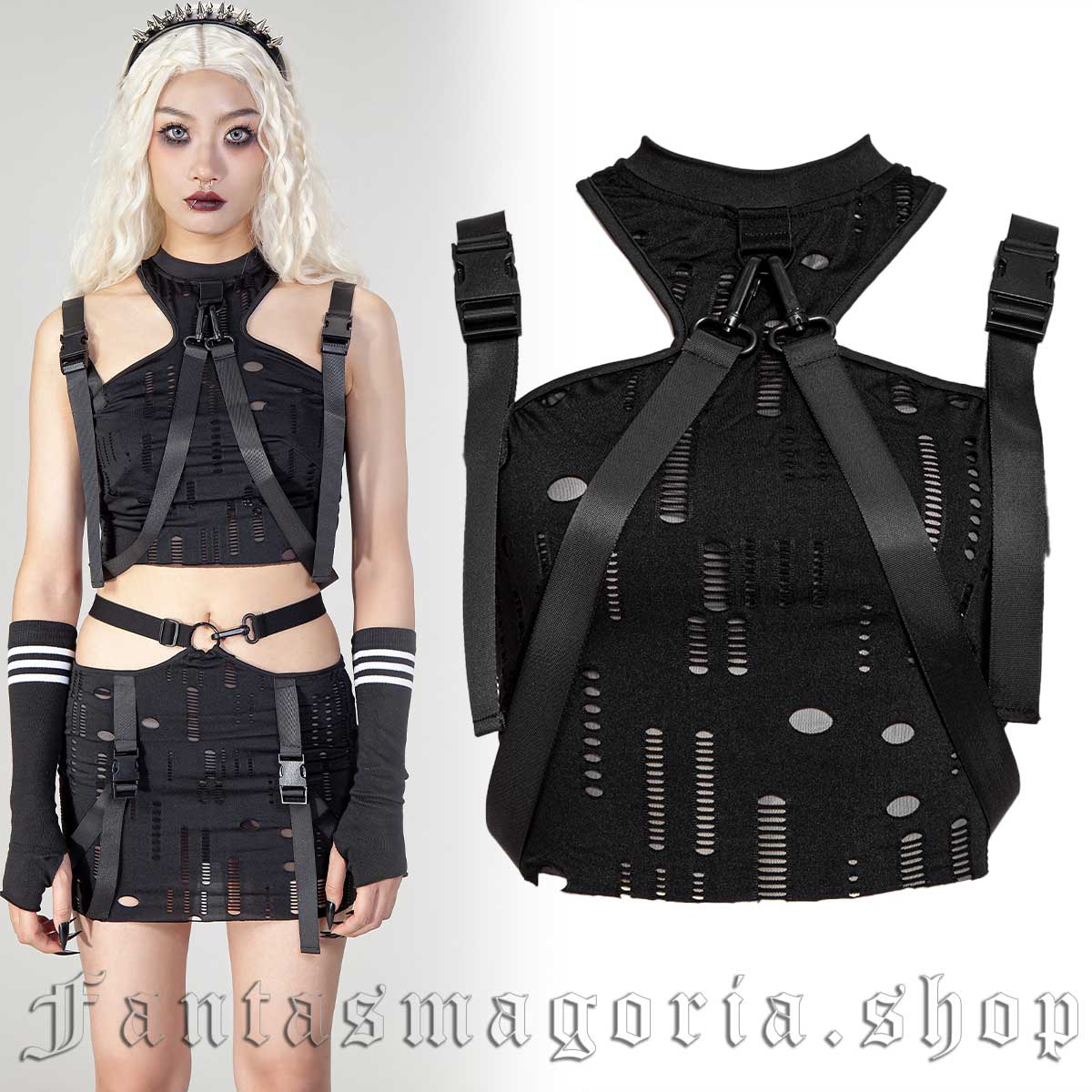 Women's techwear black distressed cropped sleeveless side release buckled straps top. - RNG - VE205B