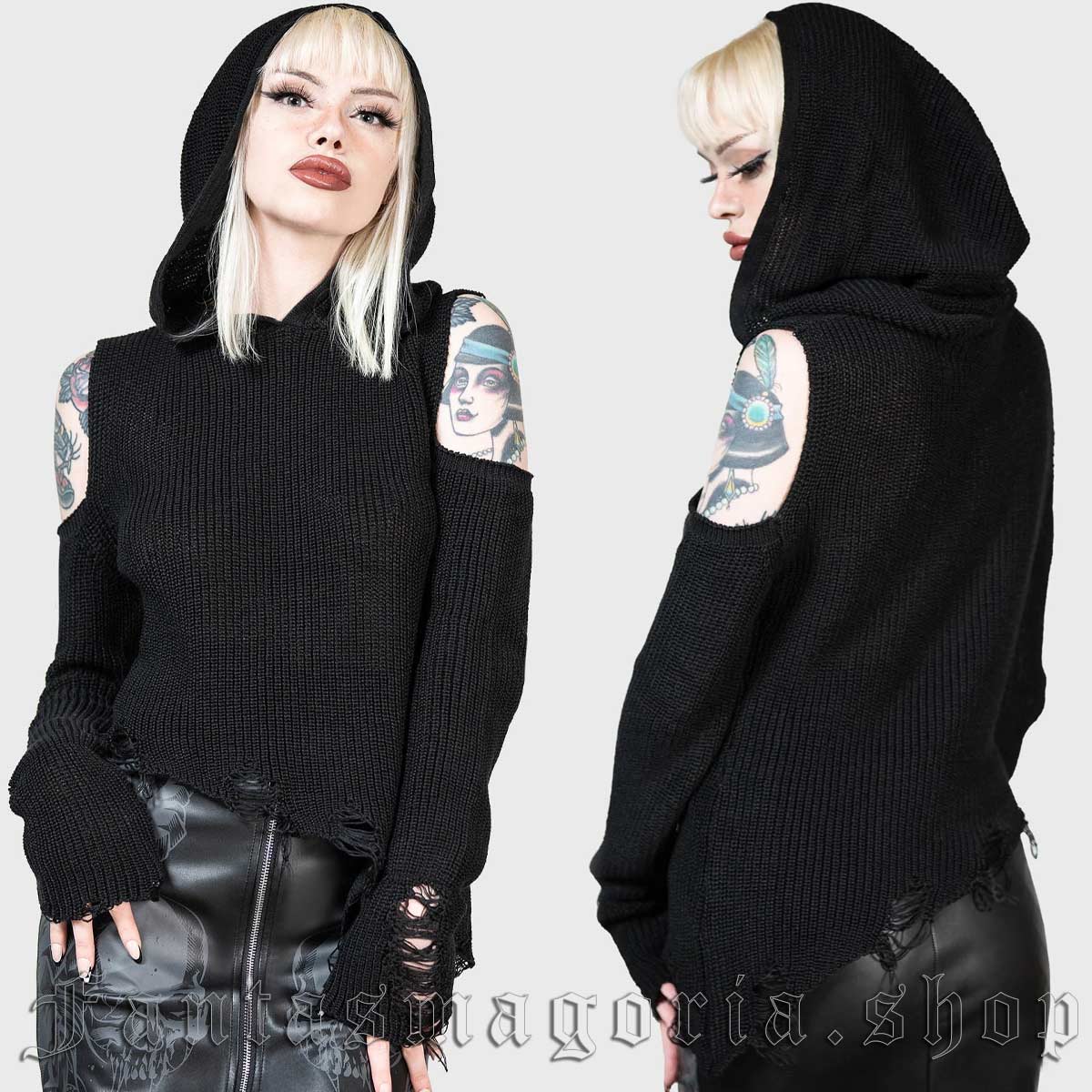 Women's Gothic casual asymmetric hem distressed cold shoulder hooded sweater. Killstar