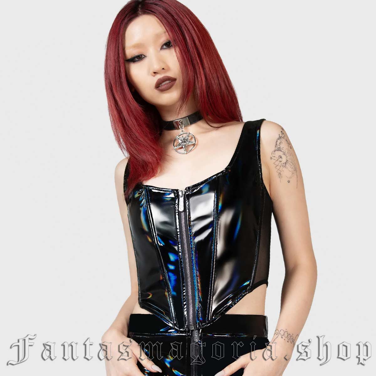 Women's Gothic oil spill glossy faux leather lightly boned corset style sleeveless top. Killstar