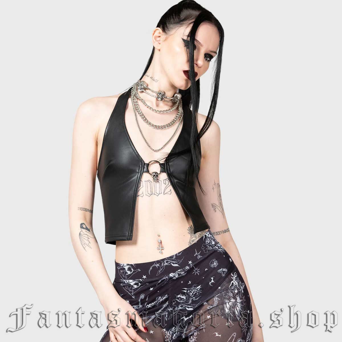 Women's Gothic faux leather finish cropped skull o-ring halterneck top. Killstar