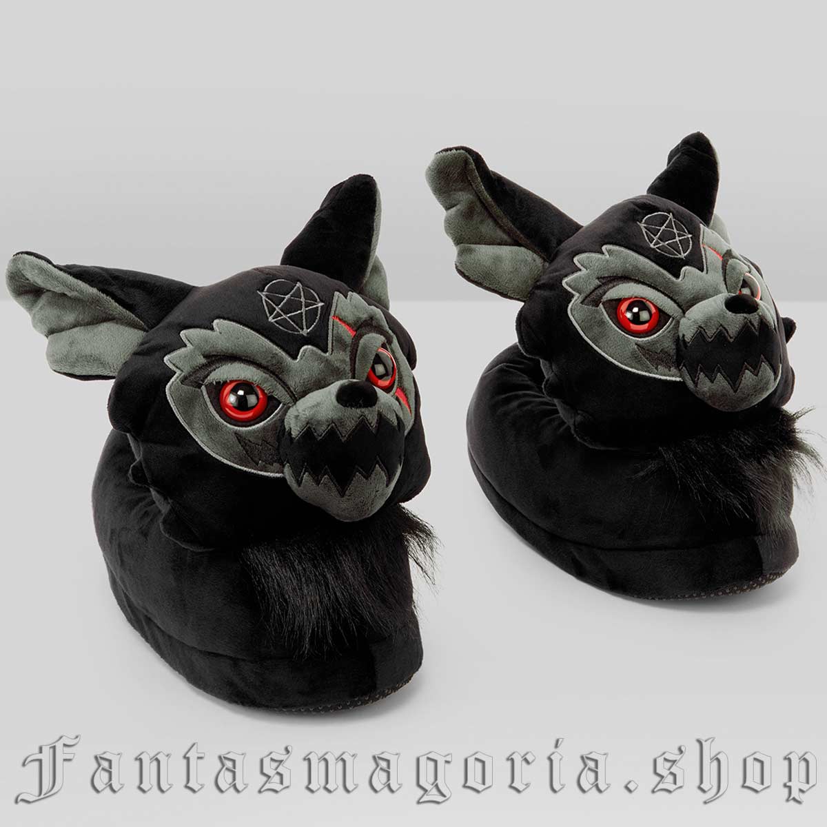 Gothic black werewolf character detail plush slippers. Killstar
