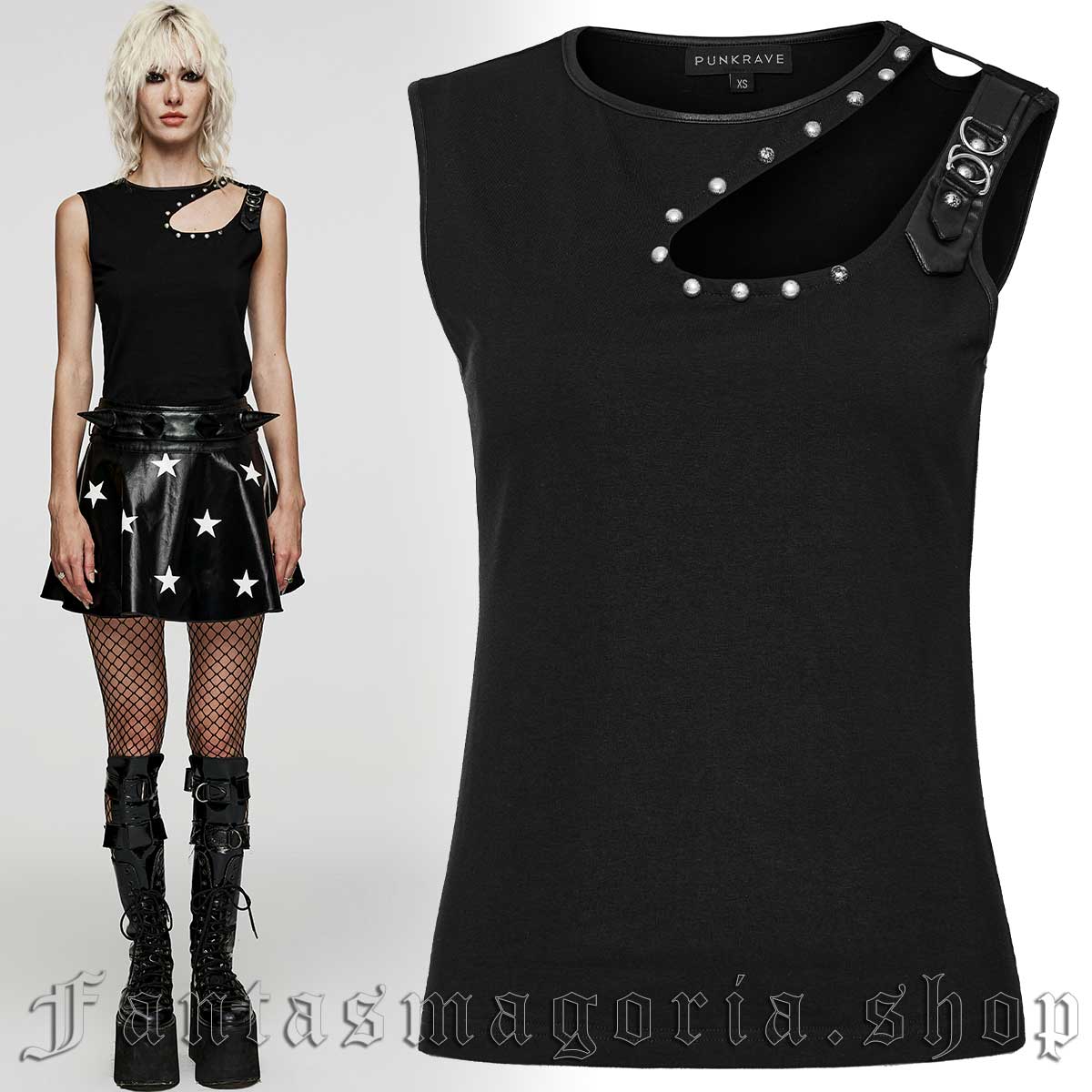 Women's Gothic asymmetric neckline cut-out detail sleeveless fitted top. - Punk Rave - WT-650/BK