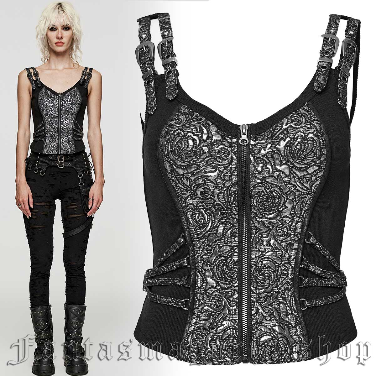 Women's Gothic black and ornate gray fabric corset style zip-up front top. - Punk Rave - WY-1037DQF/BK-SI