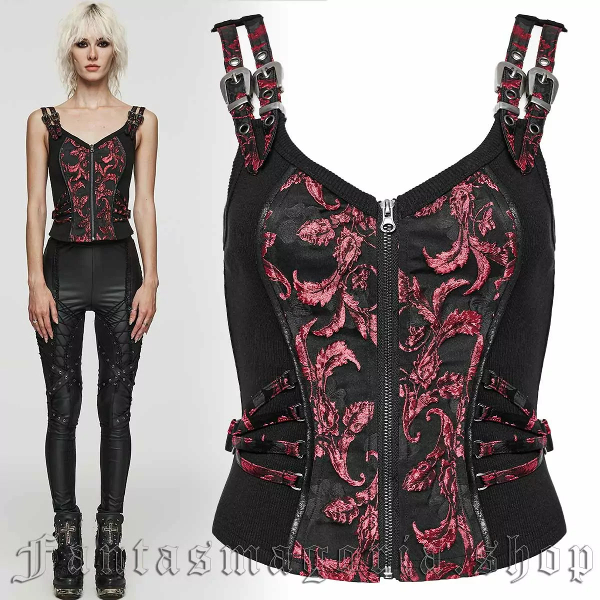 Women's Gothic black and ornate red fabric corset style zip-up front top. - Punk Rave - WY-1037MJF/BK-RD