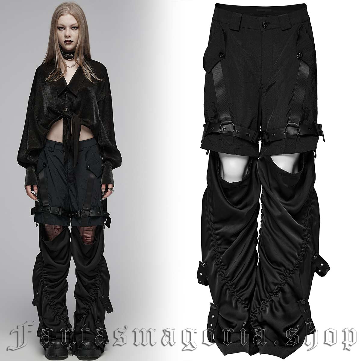Women's techwear inspired black satin-like fabric transformative trousers to shorts. - Punk Rave - OPK-512/BK
