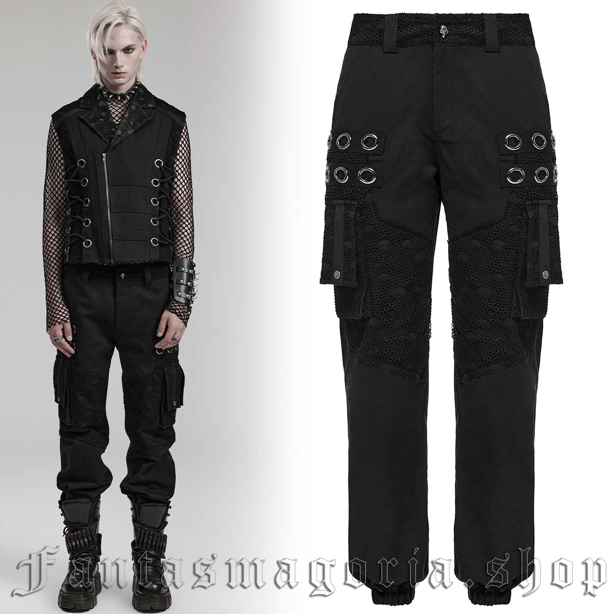 Men's Punk black mesh accent cargo style trousers. - Punk Rave - WK-591/BK