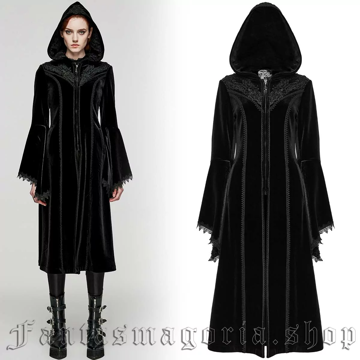 Women's Gothic black velvet fit and flare long hooded flared sleeve zip-up coat. - Punk Rave - DY-1510/BK