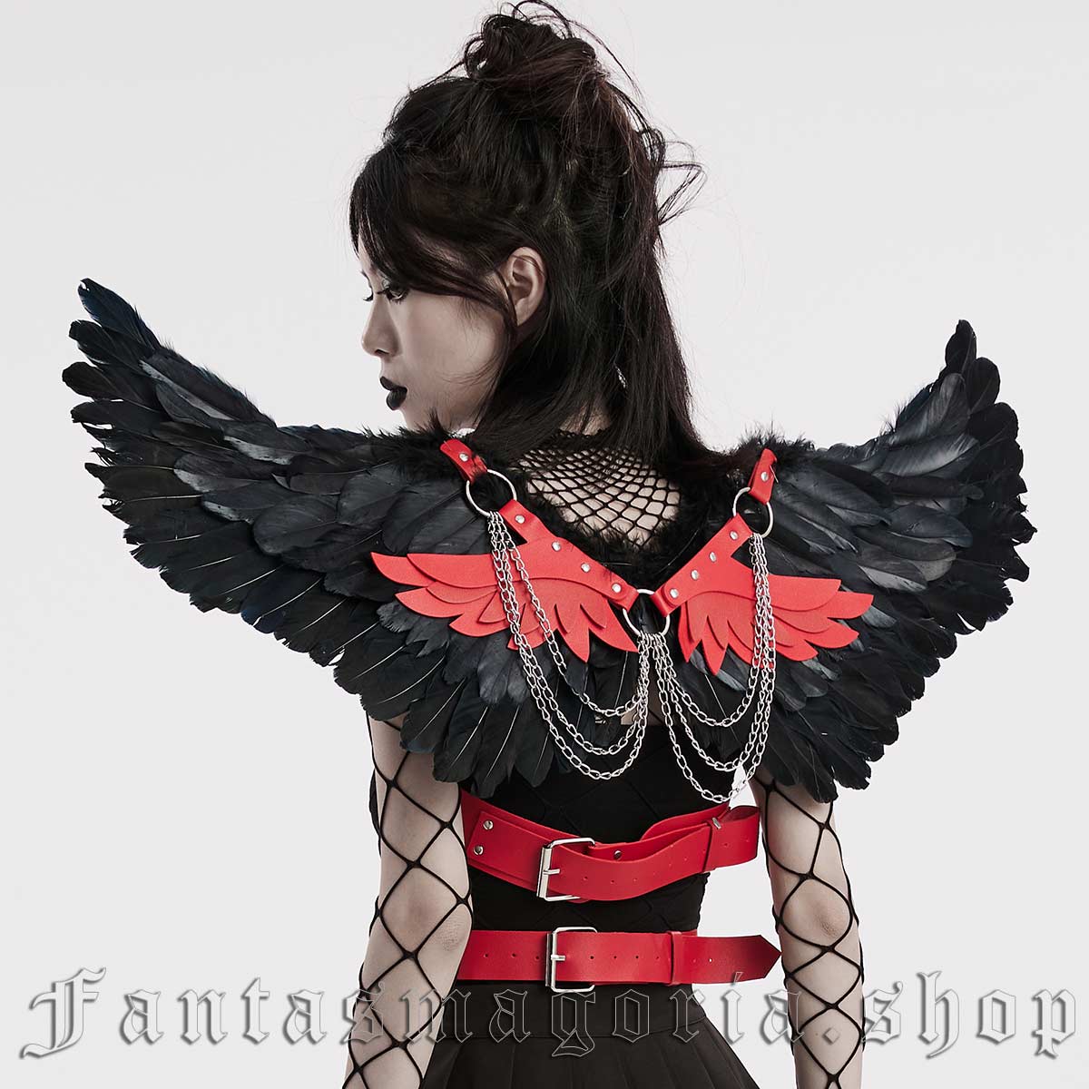 Gothic black and red feather angel wings harness. - Punk Rave - WS-609/BK-RD