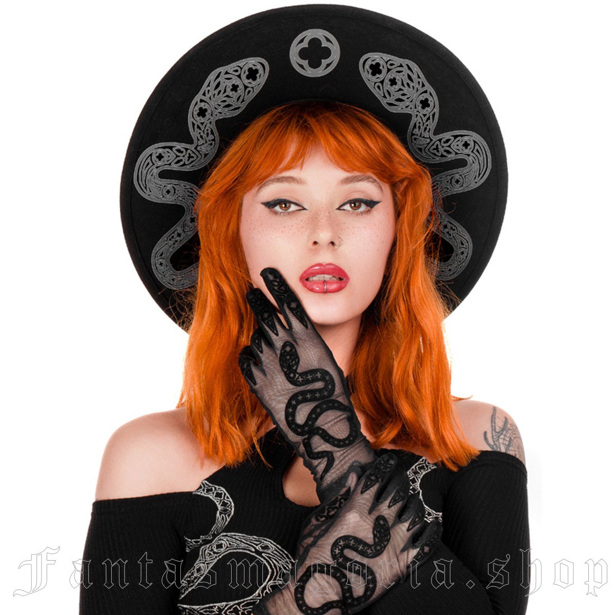 Gothic black wide brim snake print graphic hat. - Restyle - RES5900949921464