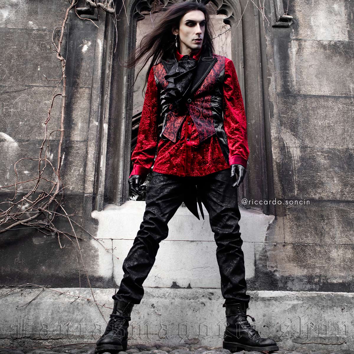 Gothic Vampire Red Velvet Shirt - Punk Rave | Fantasmagoria.shop