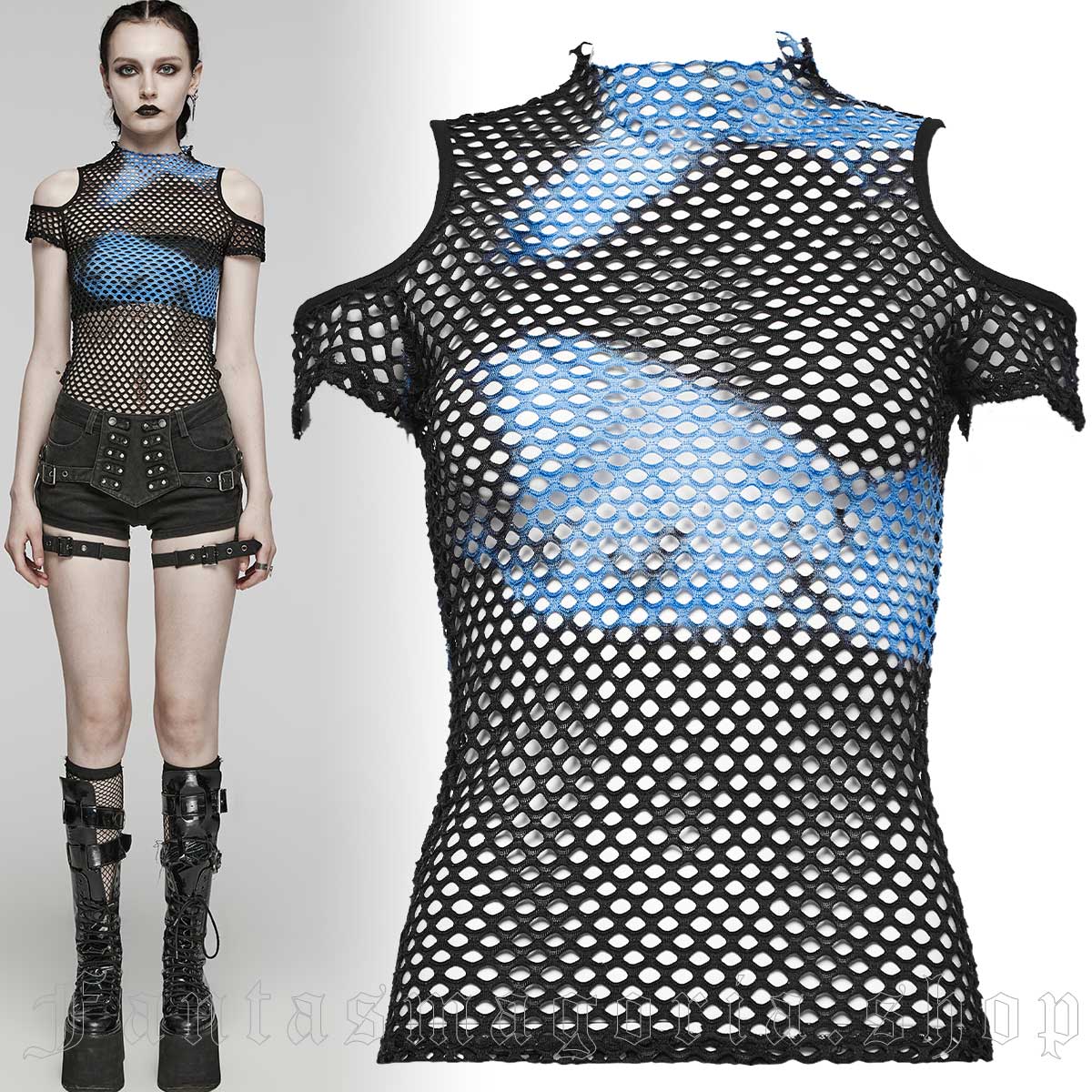 Nebula Blue and Black Mesh Top - Punk Rave | Fantasmagoria.shop