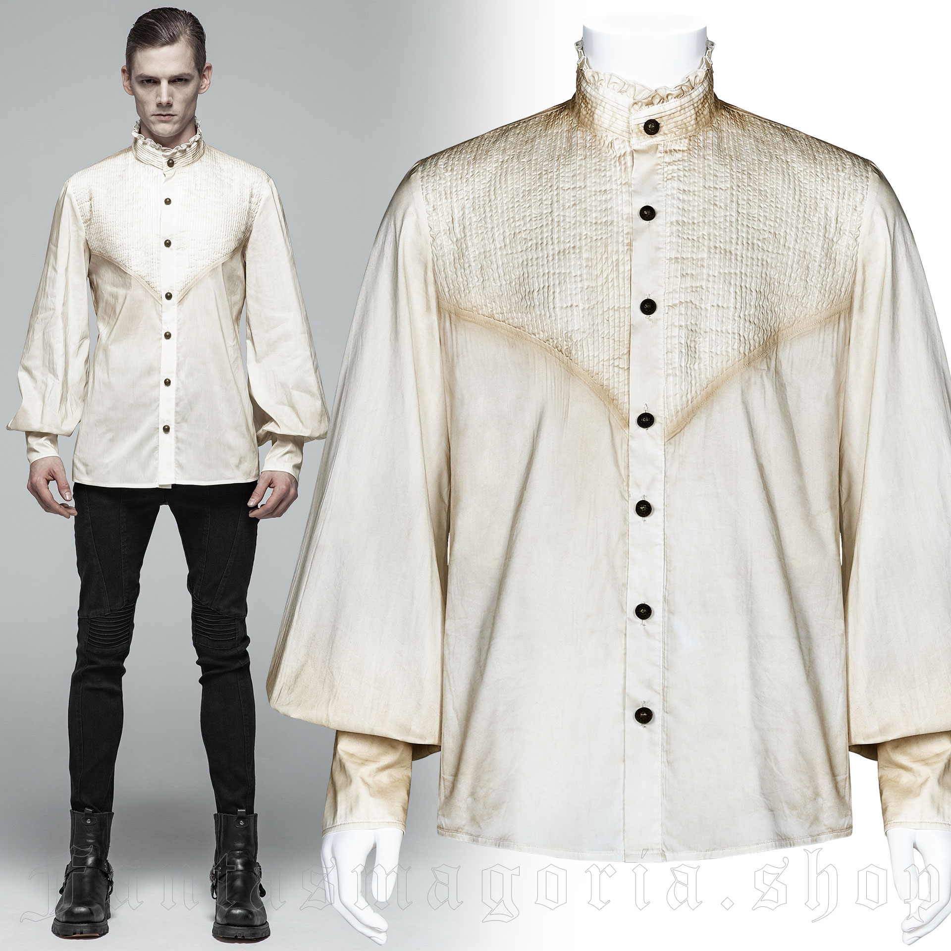 Aged-looking shirt with bishop style sleeves by Punk Rave..