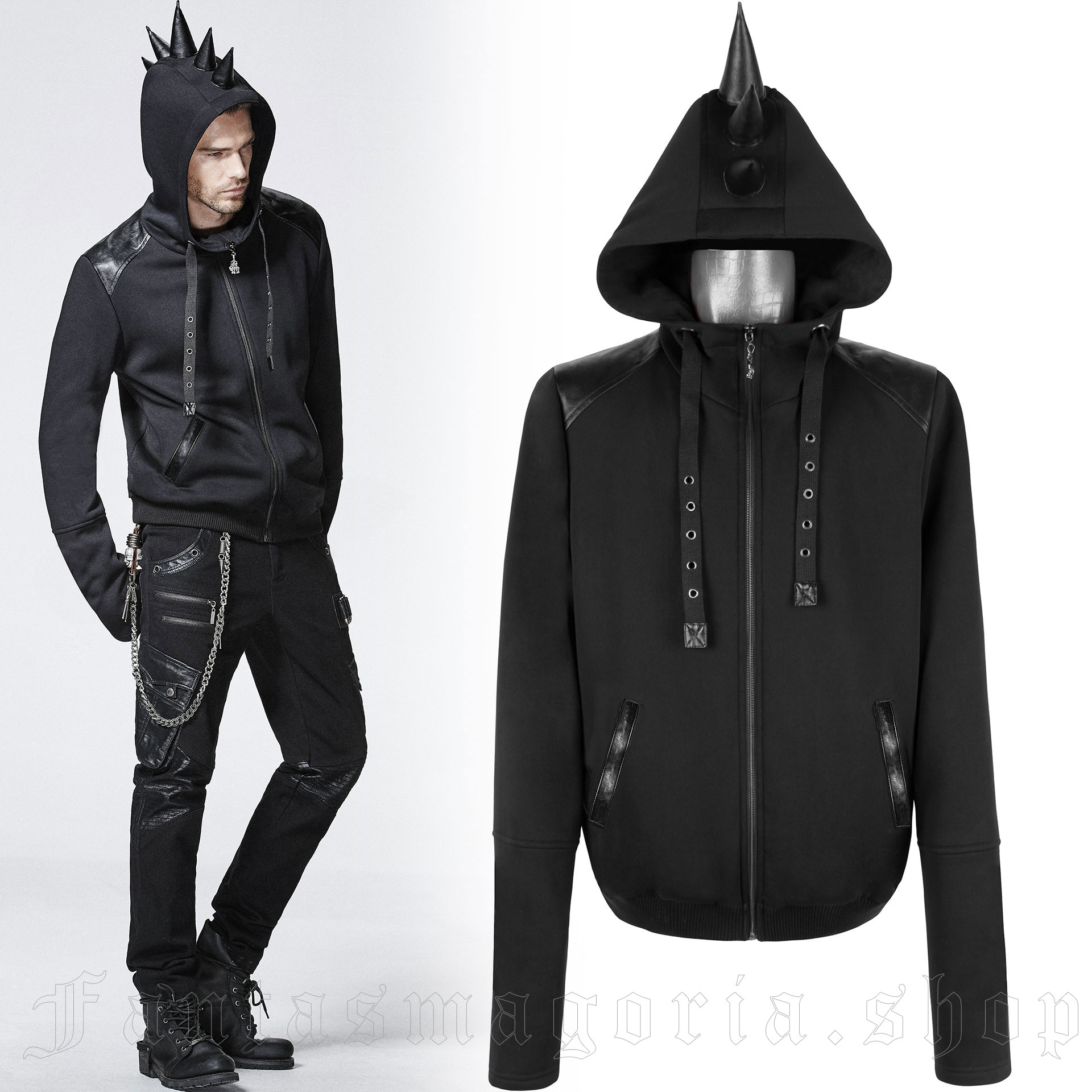 Black hoodie with faux leather spikes mohawk by Punk Rave..