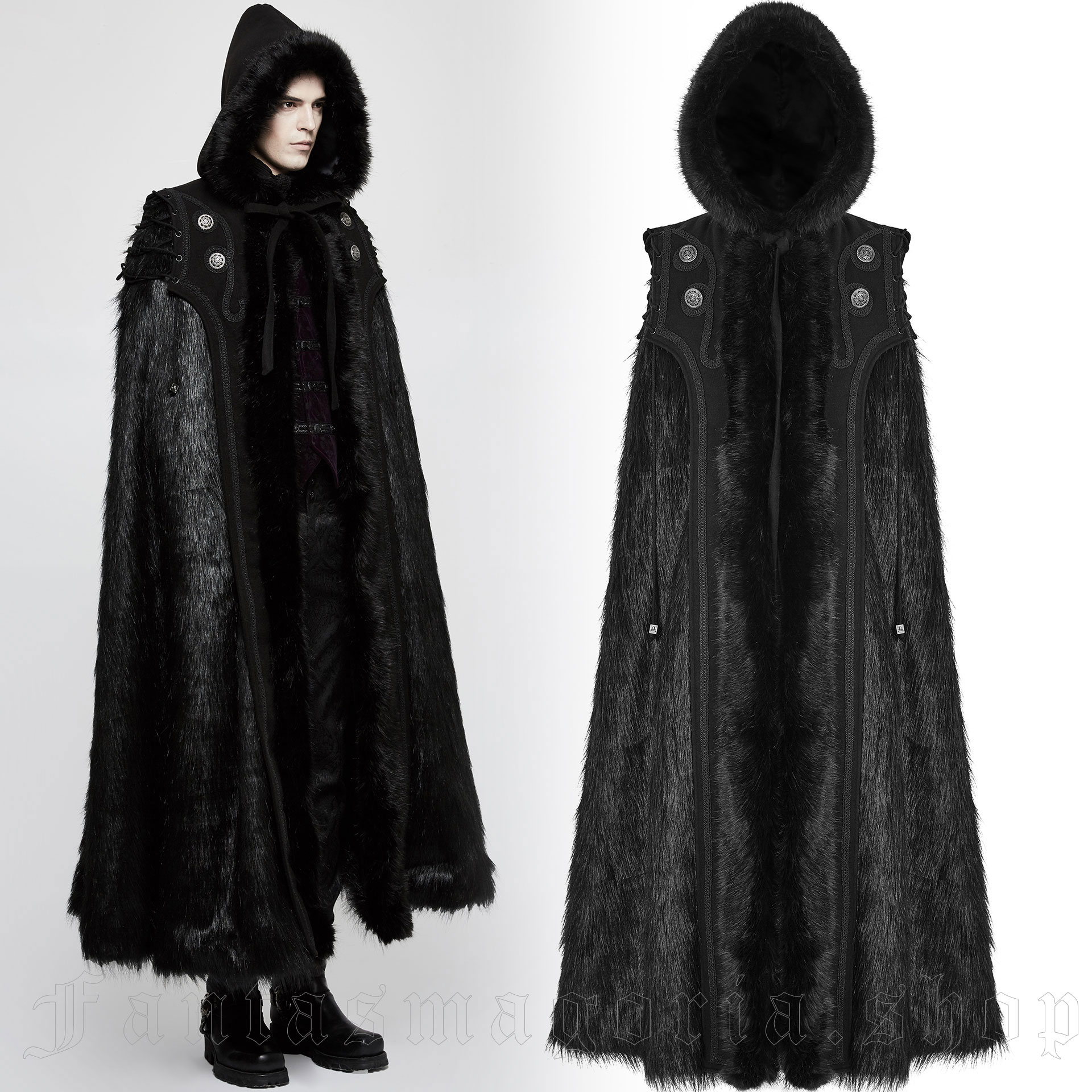 Punk Rave Mens Long Gothic Vampire Hooded Cloak Cape Coat Black Faux  Leather