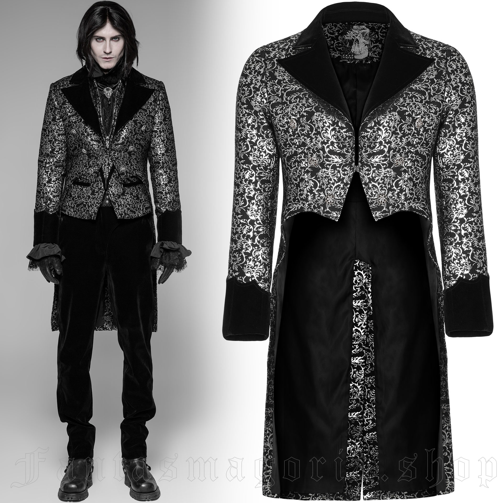Black and silver brocade tailcoat by Punk Rave.. Punk Rave