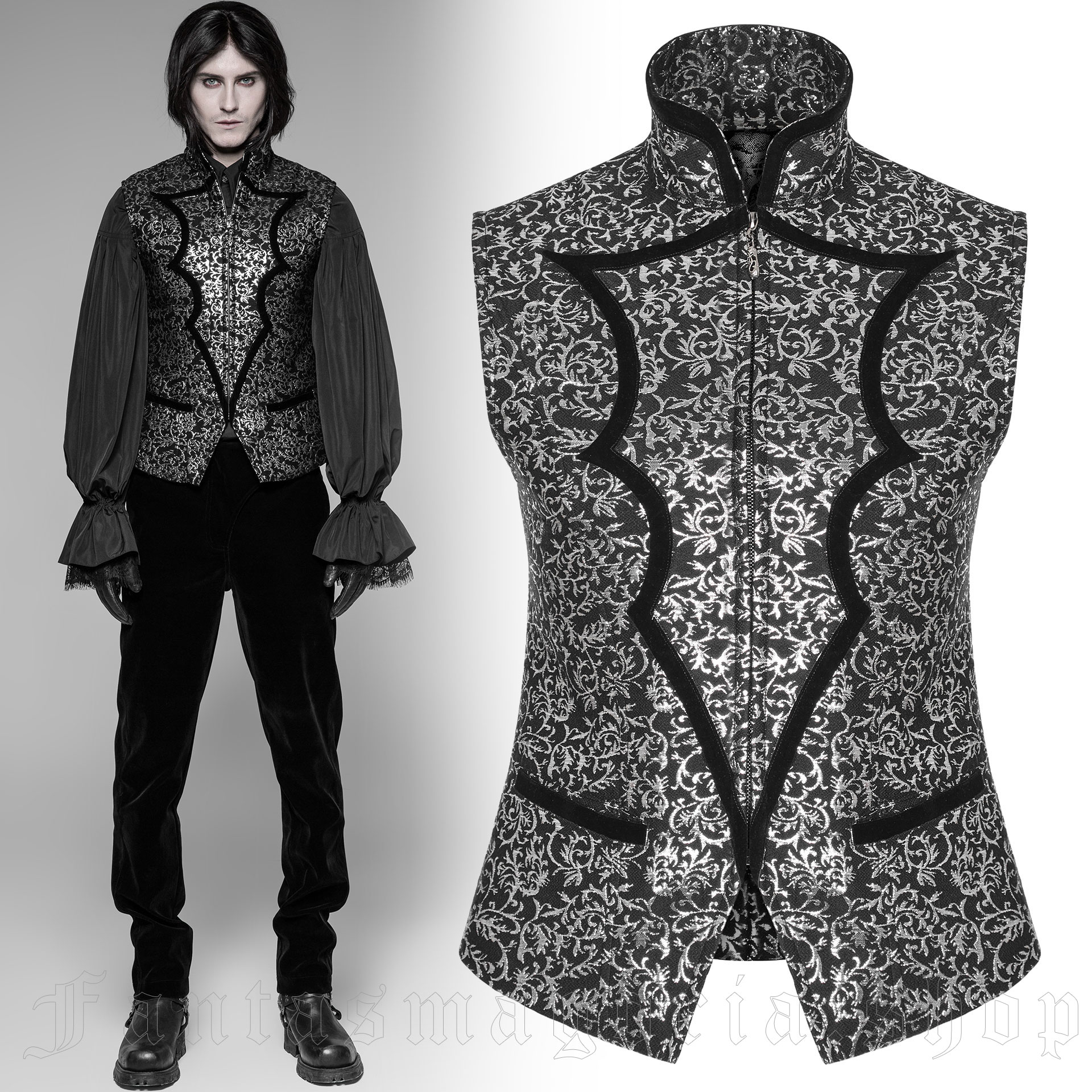 Black and silver brocade vest with Mandarin collar by Punk