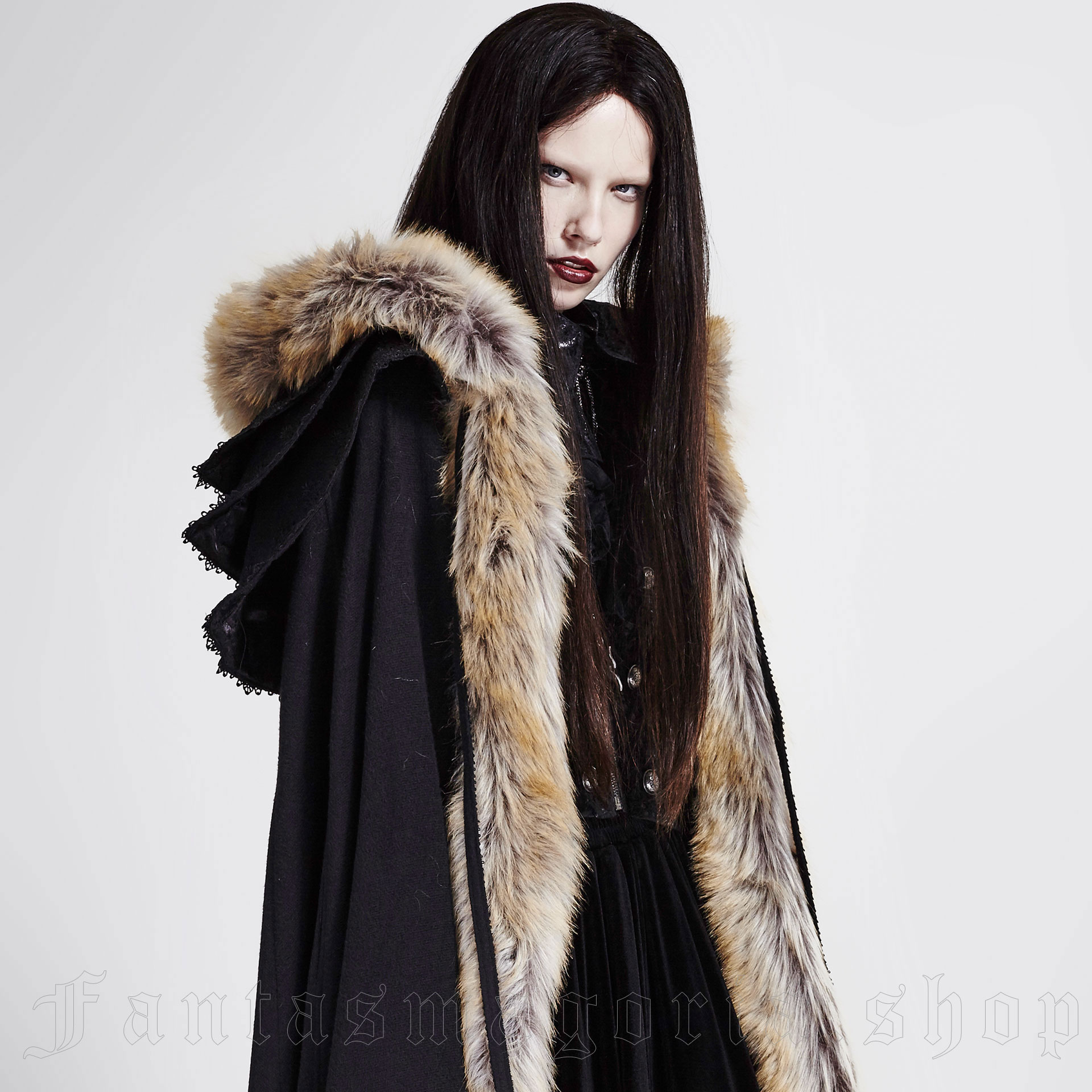 Foxa - Women's Black Hooded Cloak Trimmed with Fur
