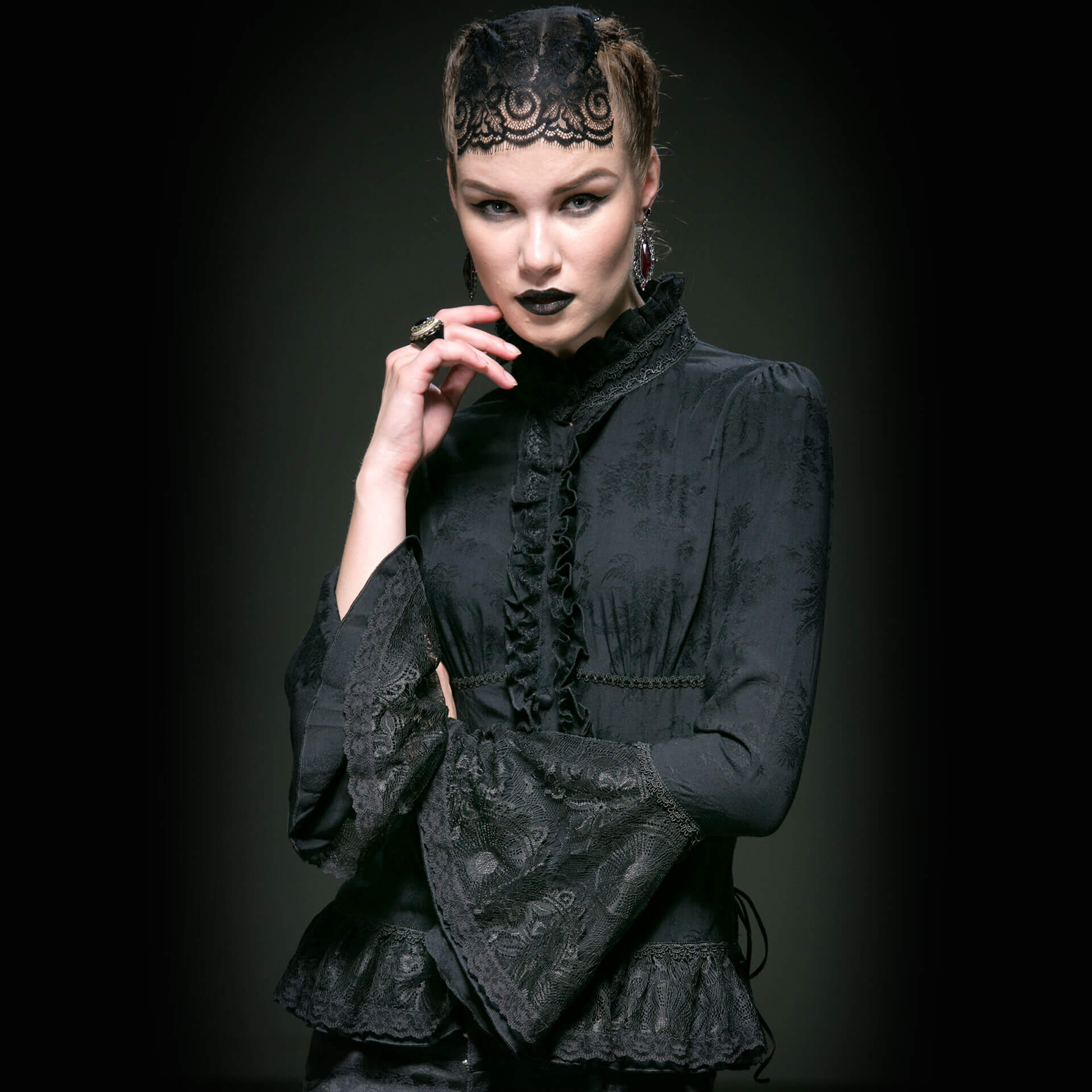 Black viscose women`s bell-sleeved blouse by Punk Rave.