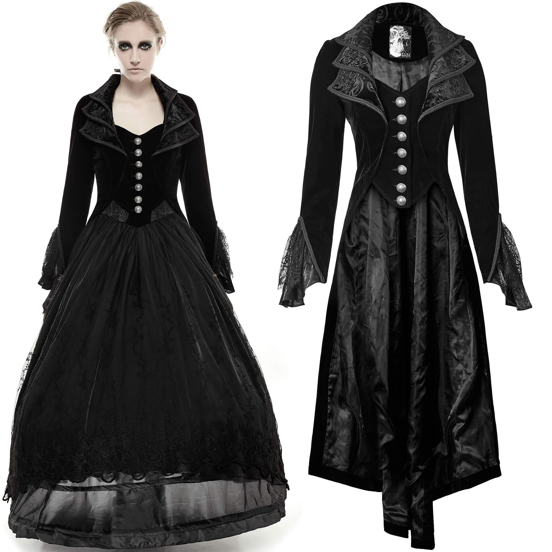 Black polyester velvet women`s long coat by Punk Rave.