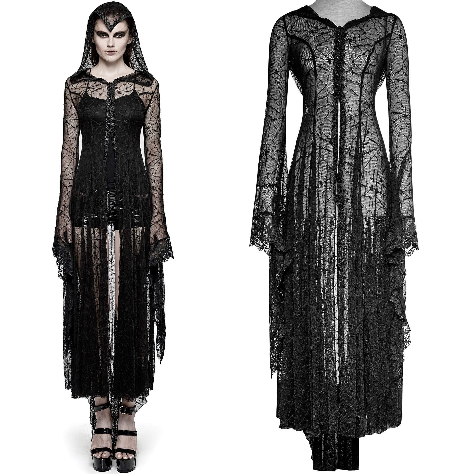 Black polyester women`s bell-sleeved lace robe with a hood by